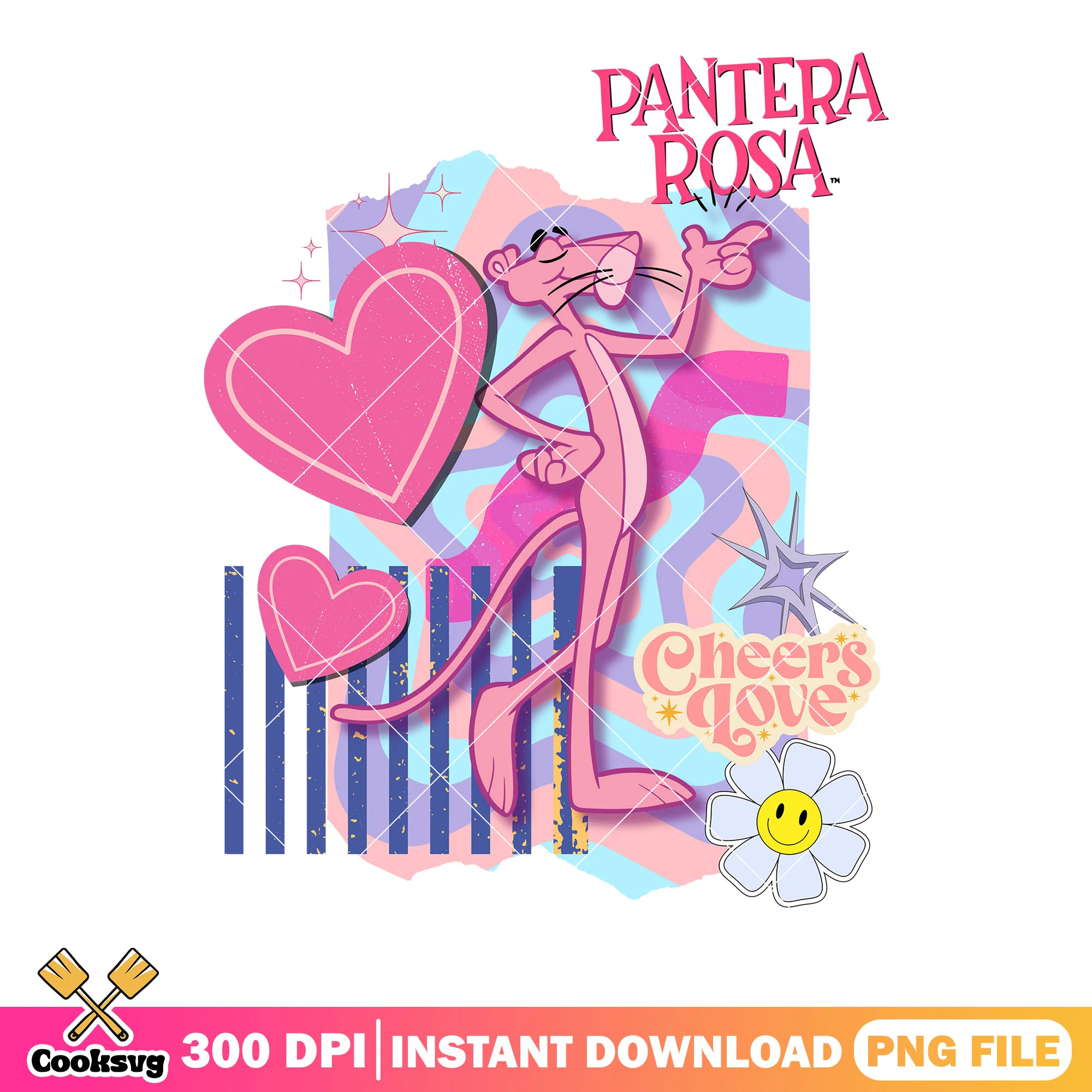 90s vibe Pink panther png, classic cartoon png, heart icon png