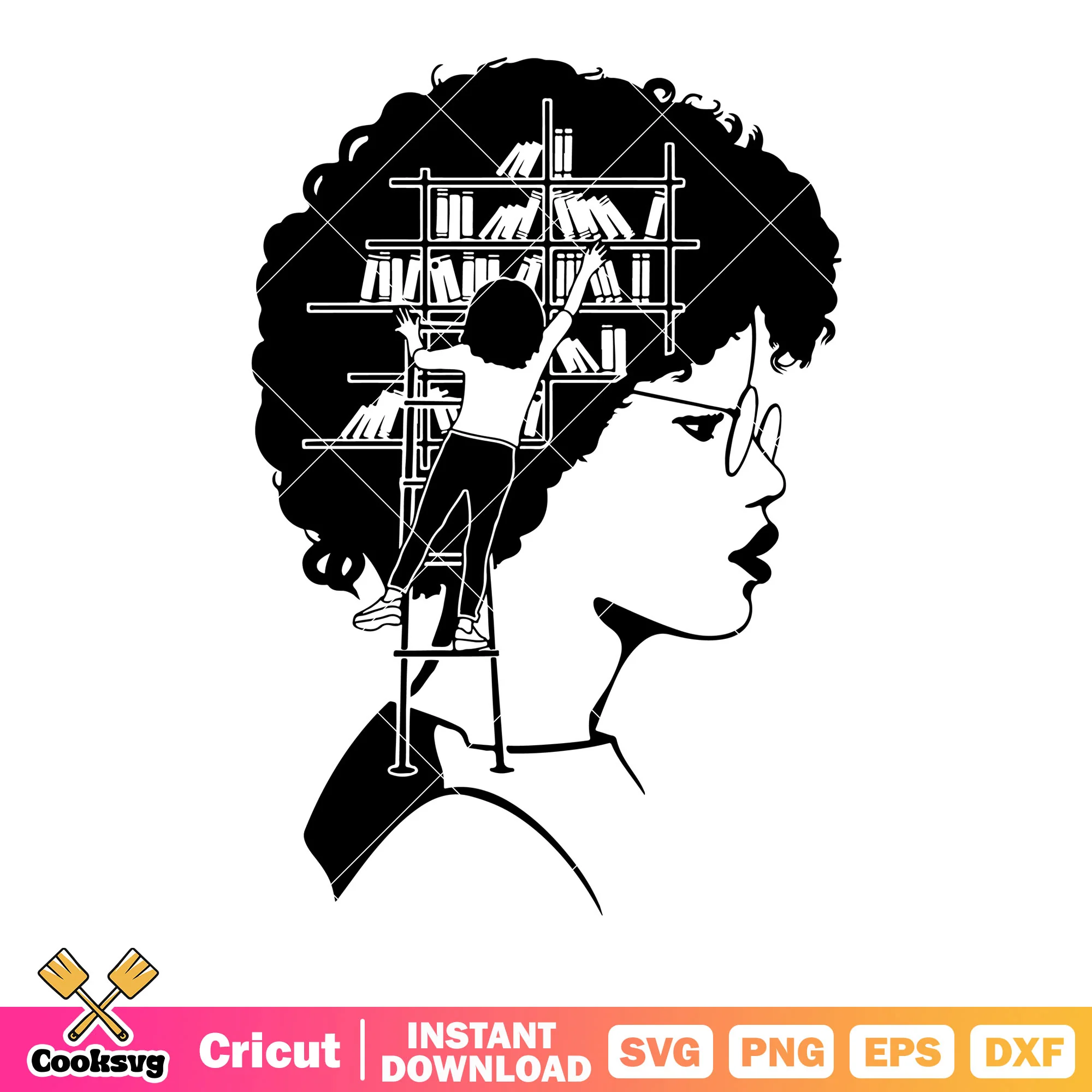 A girl is reaching out to get a book svg, fluffy hair svg, circle glasses svg