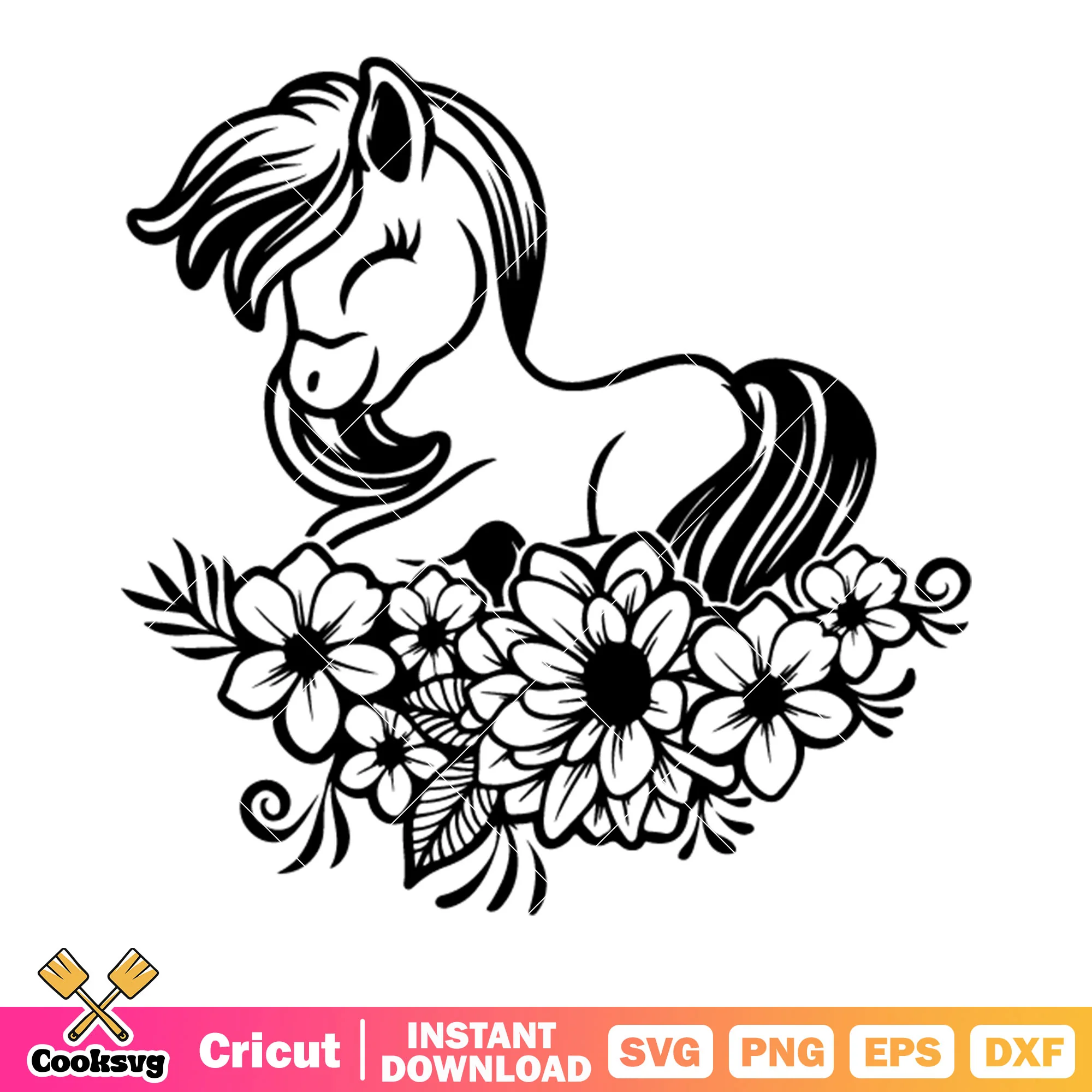 A little ponny svg, daisy flower svg, black and white art svg