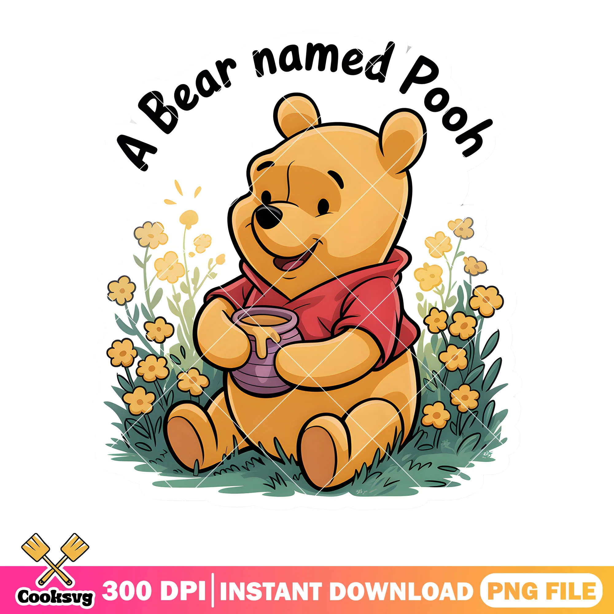 A pooh honey flower poster png, disney stickers png, pooh classic png