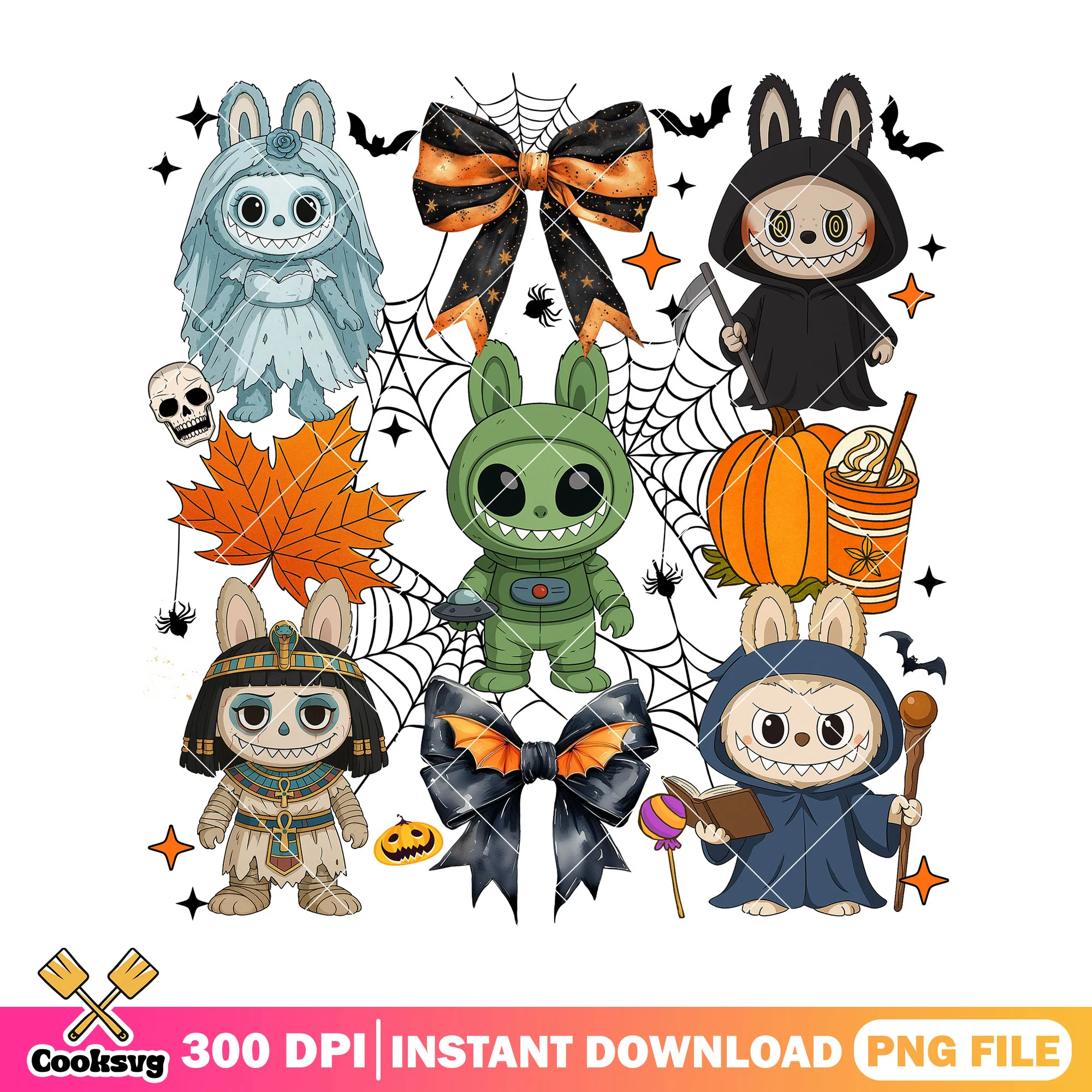 Adorable halloween characters art png, labubu popmart png, doll art png