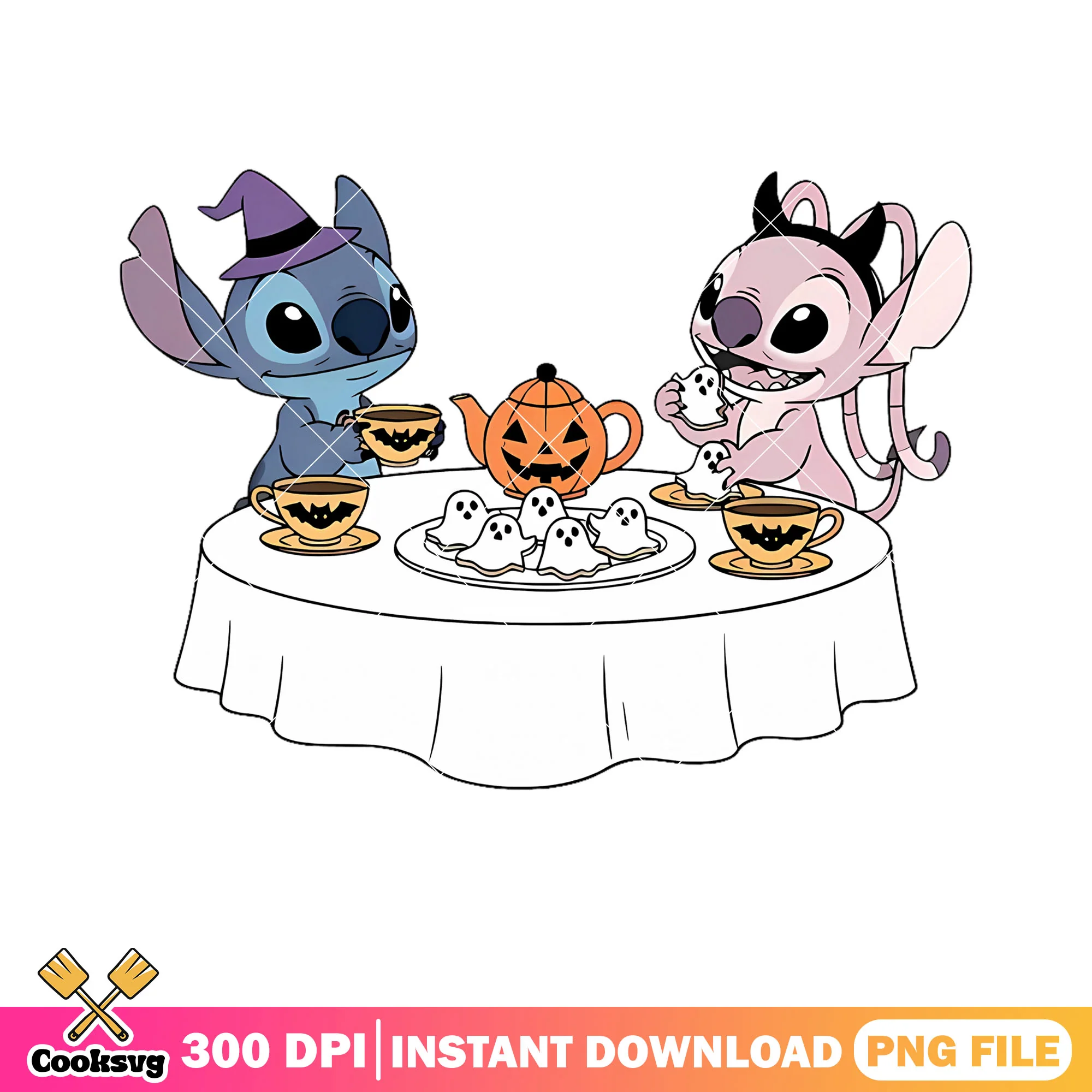 Afternoon tea time stitch png, wicker pumpkin png, happy halloween png