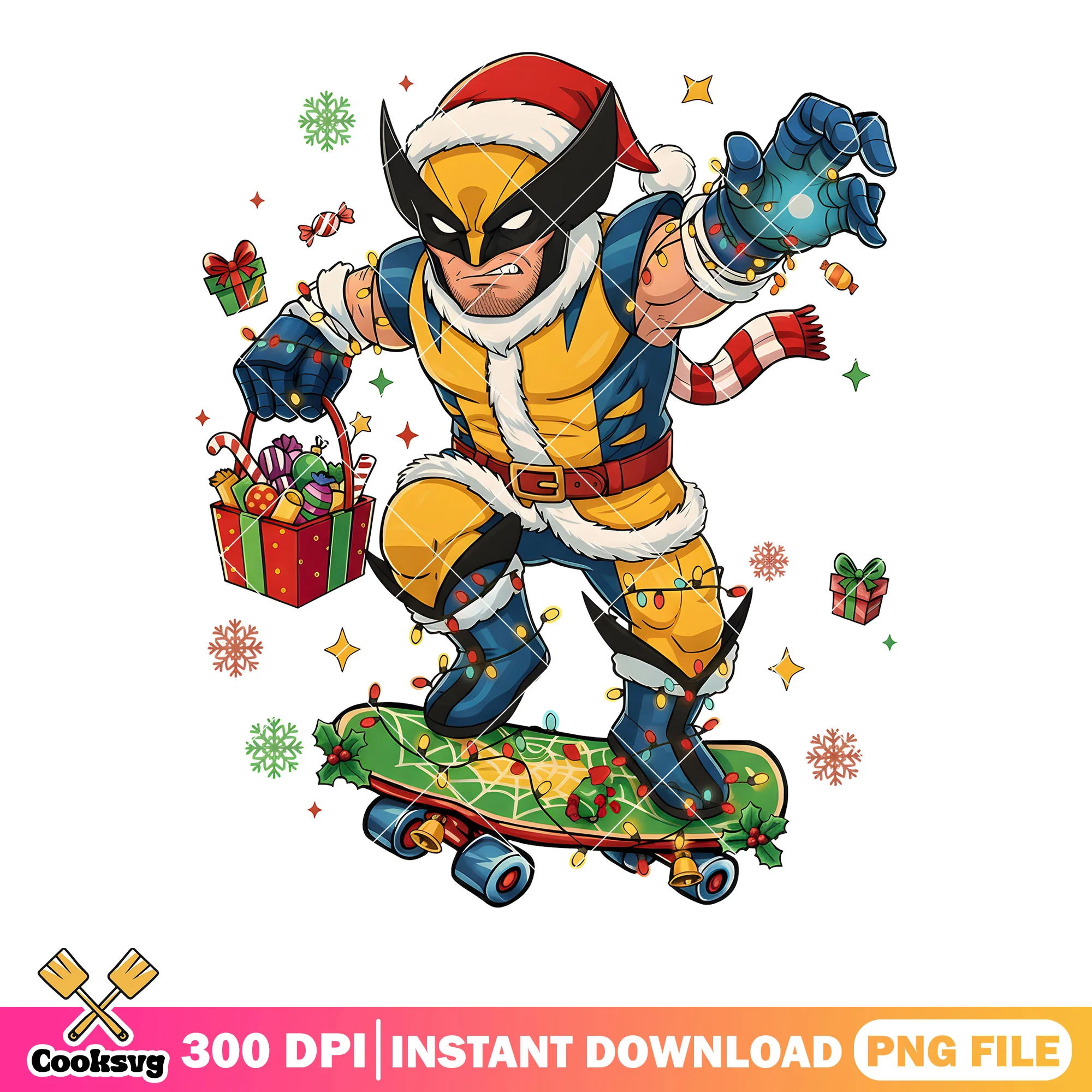 Angry wolverine logan png, dc comic christmas png, christmas gift png