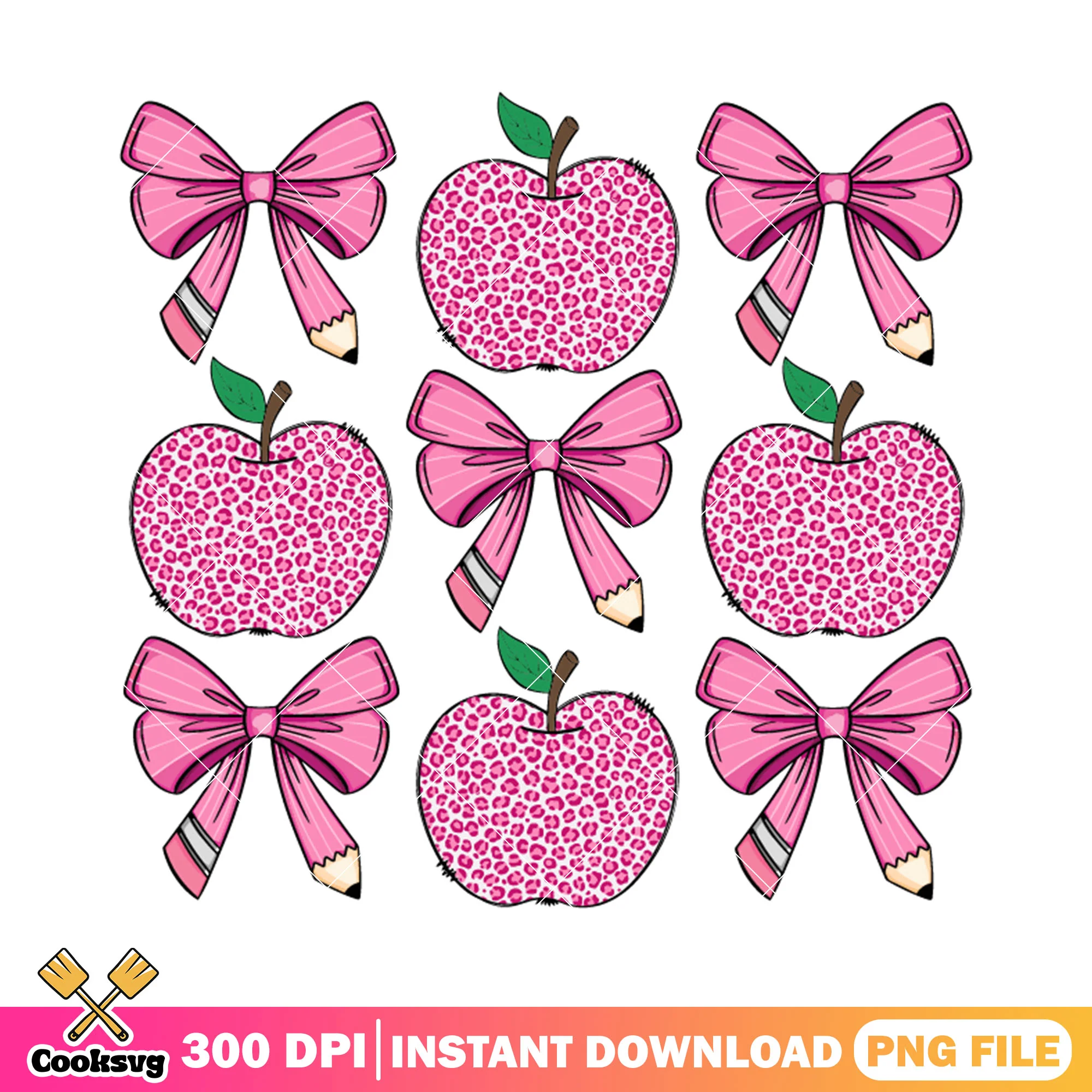 Apples and bows design png, back to school png, pink bow png