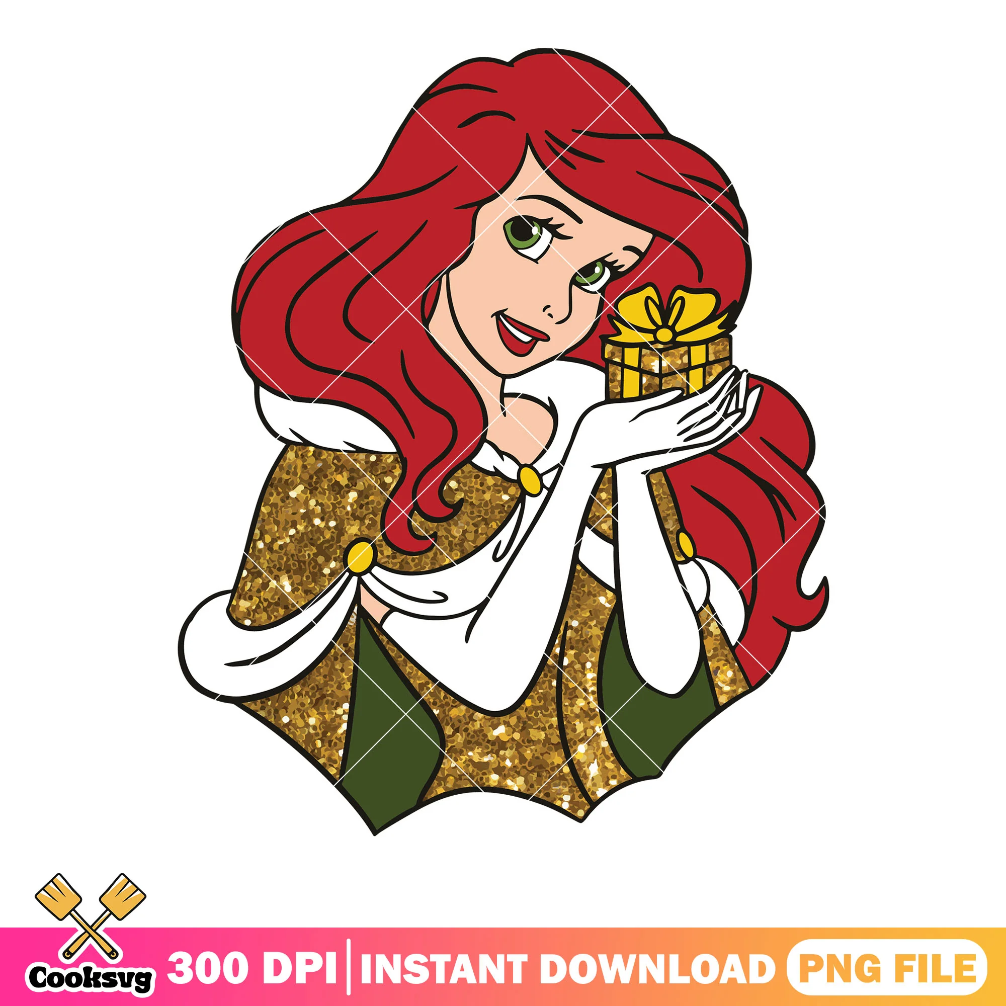 Ariel gold glitter png, gift box christmas png, red hair png
