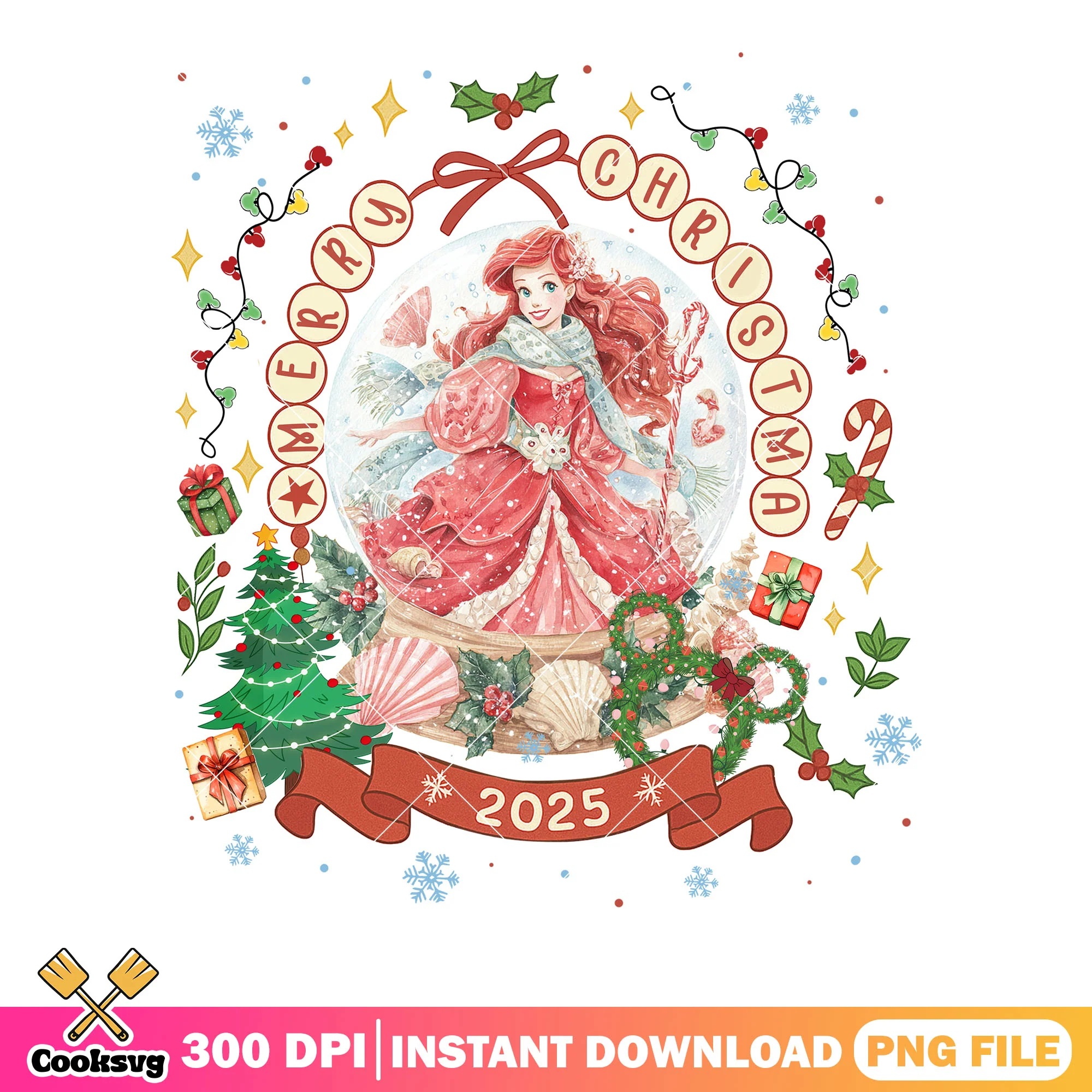 Ariel mermaid princess png, christmas snow png, globe 2025 png