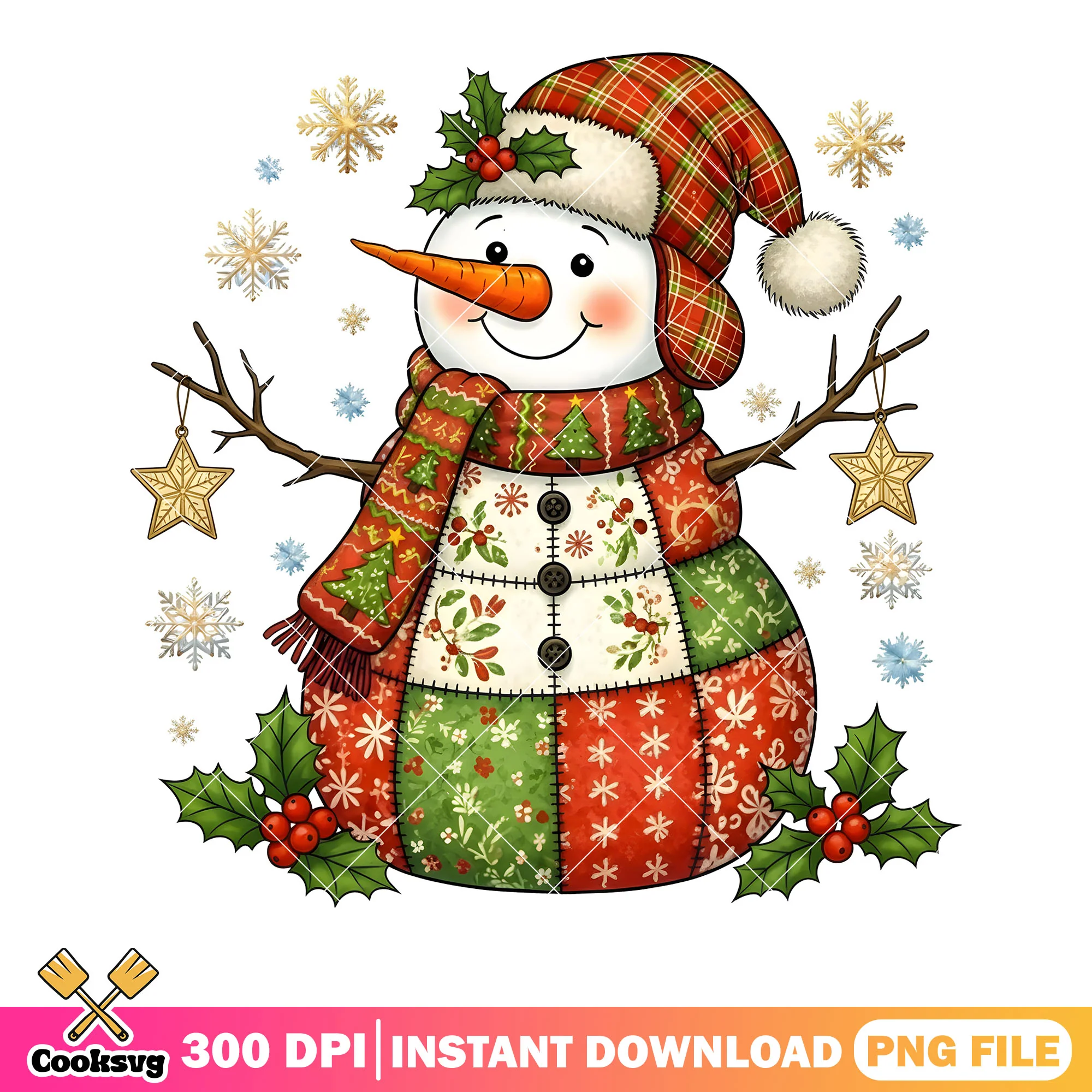 Art christmas snowman png, patchwork png, christmas star png