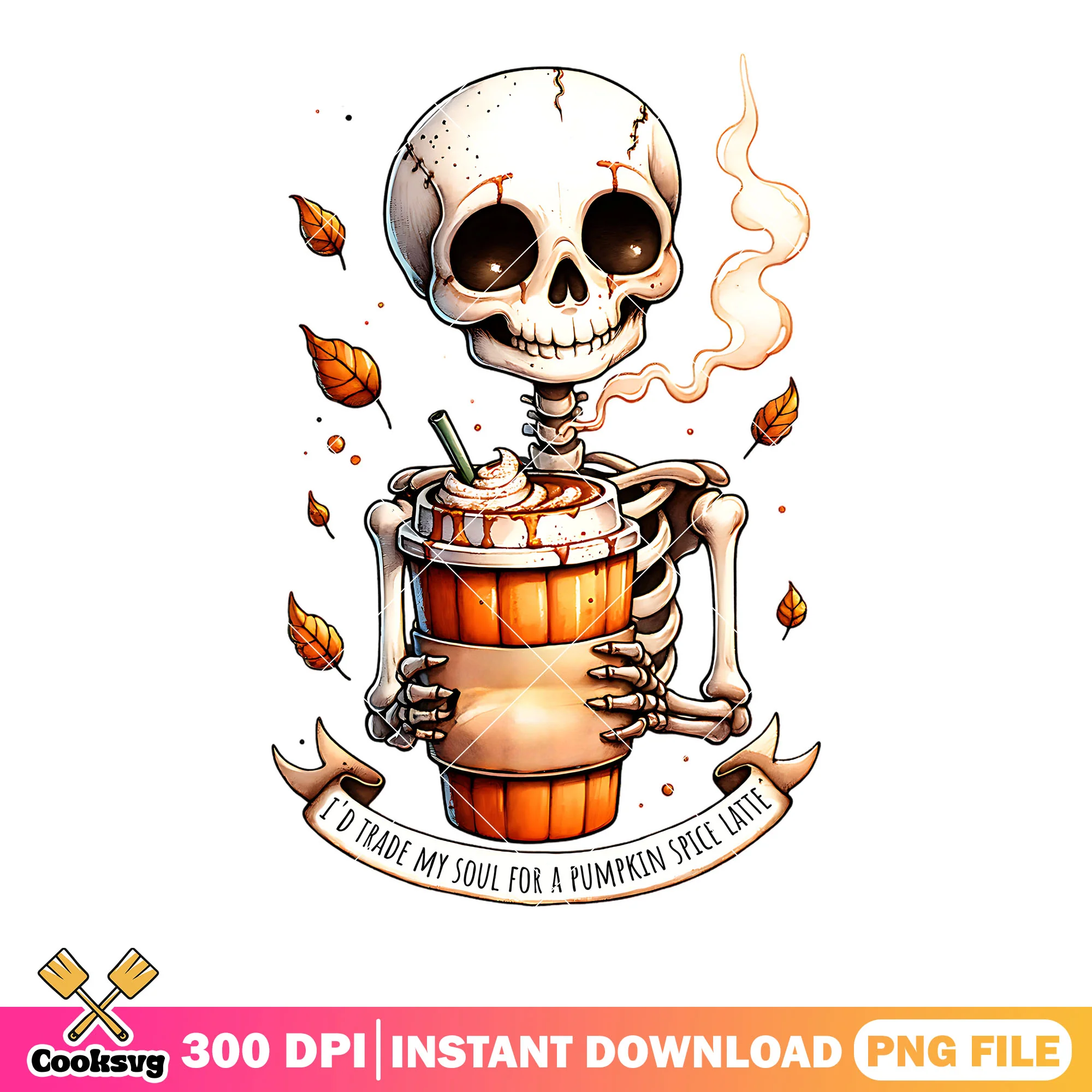 Autumn leave hot latte png, skeleton costume png, halloween scary png