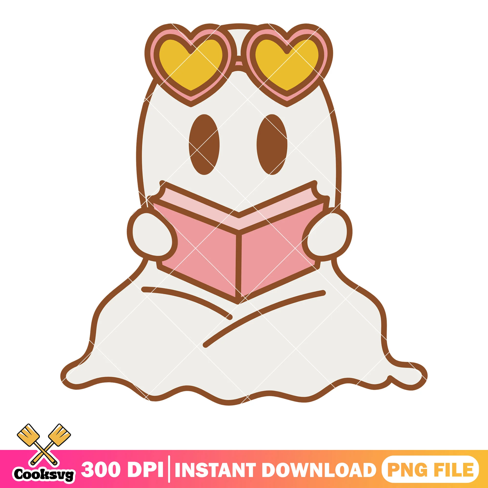 Baby ghost reading book png, chibi ghost png, scary halloween night png