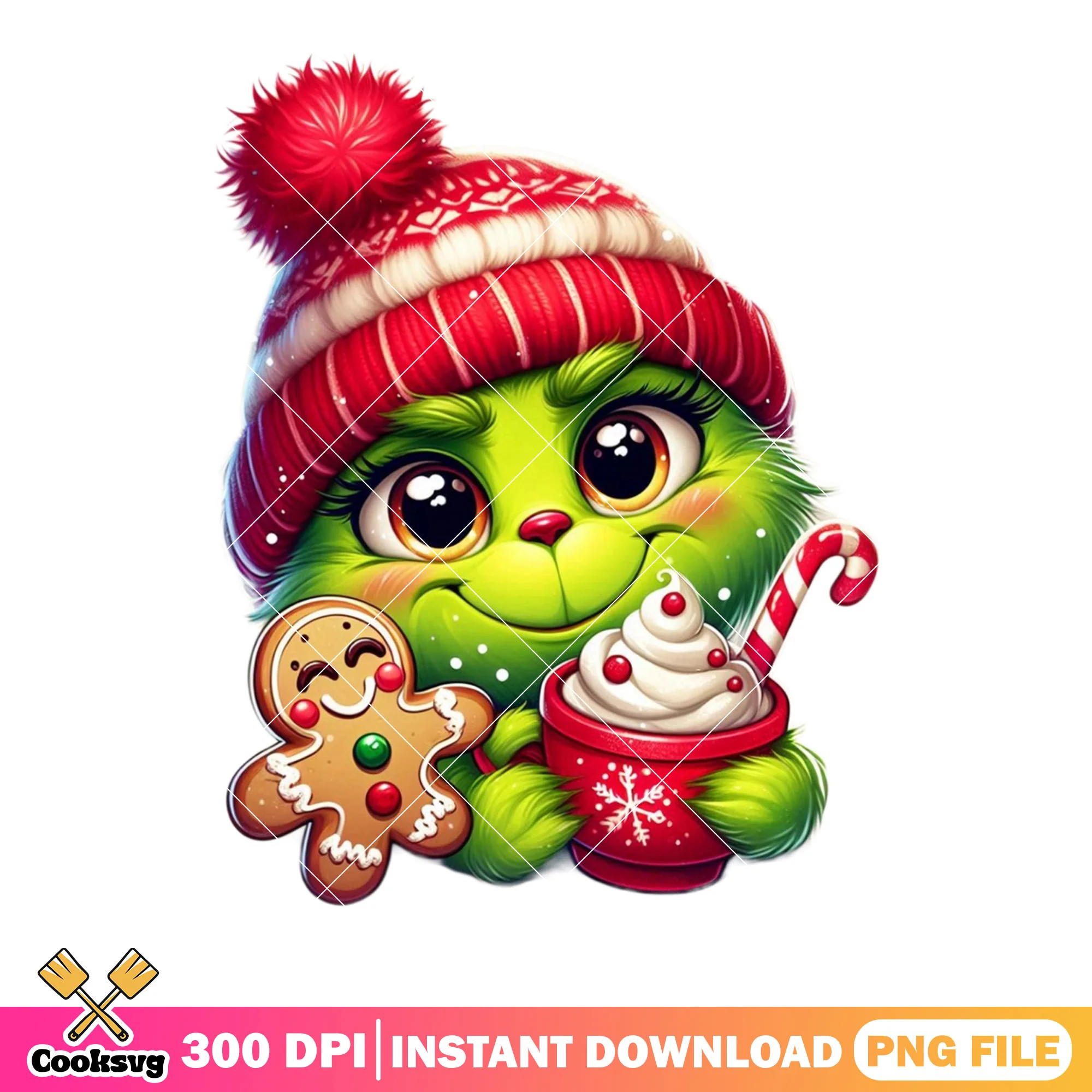 Baby grinch with a hot chocolate png, merry christmas png, noel png