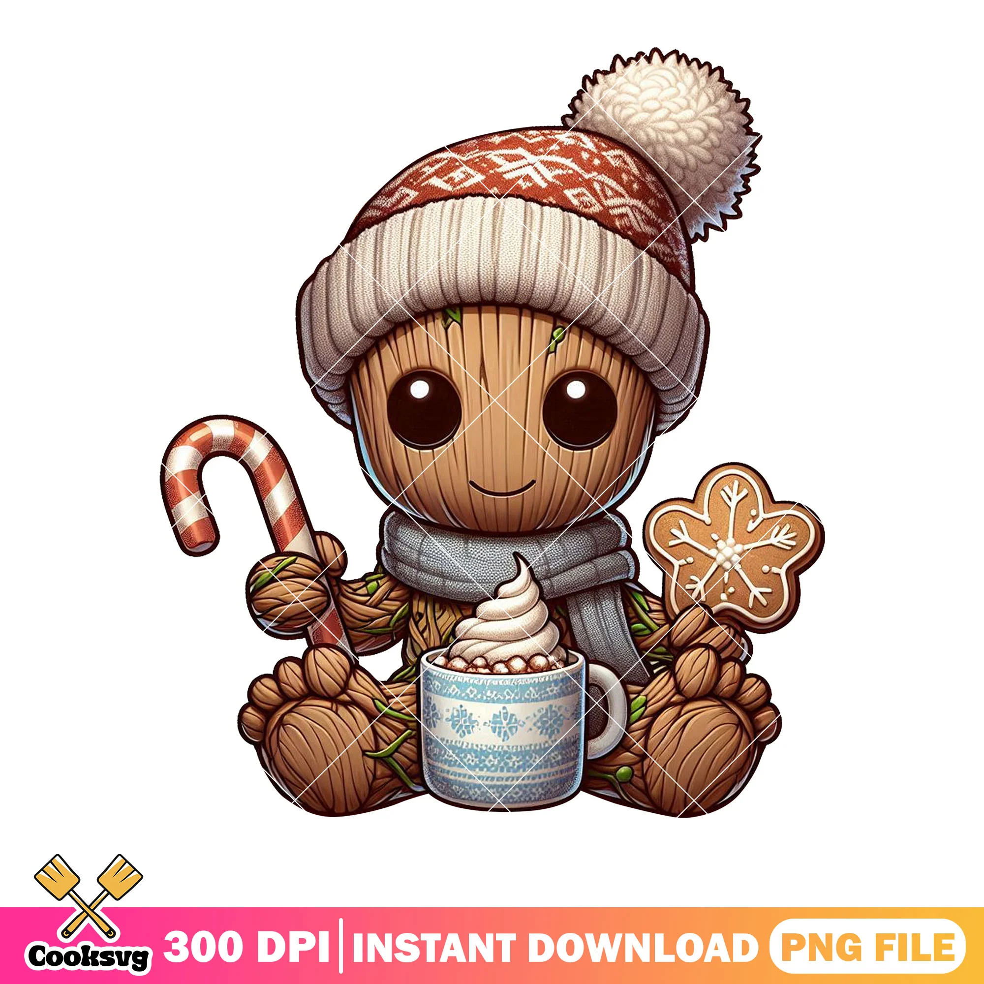 Baby groot hot cocoa gingerbread png, candy cane png, cookie png