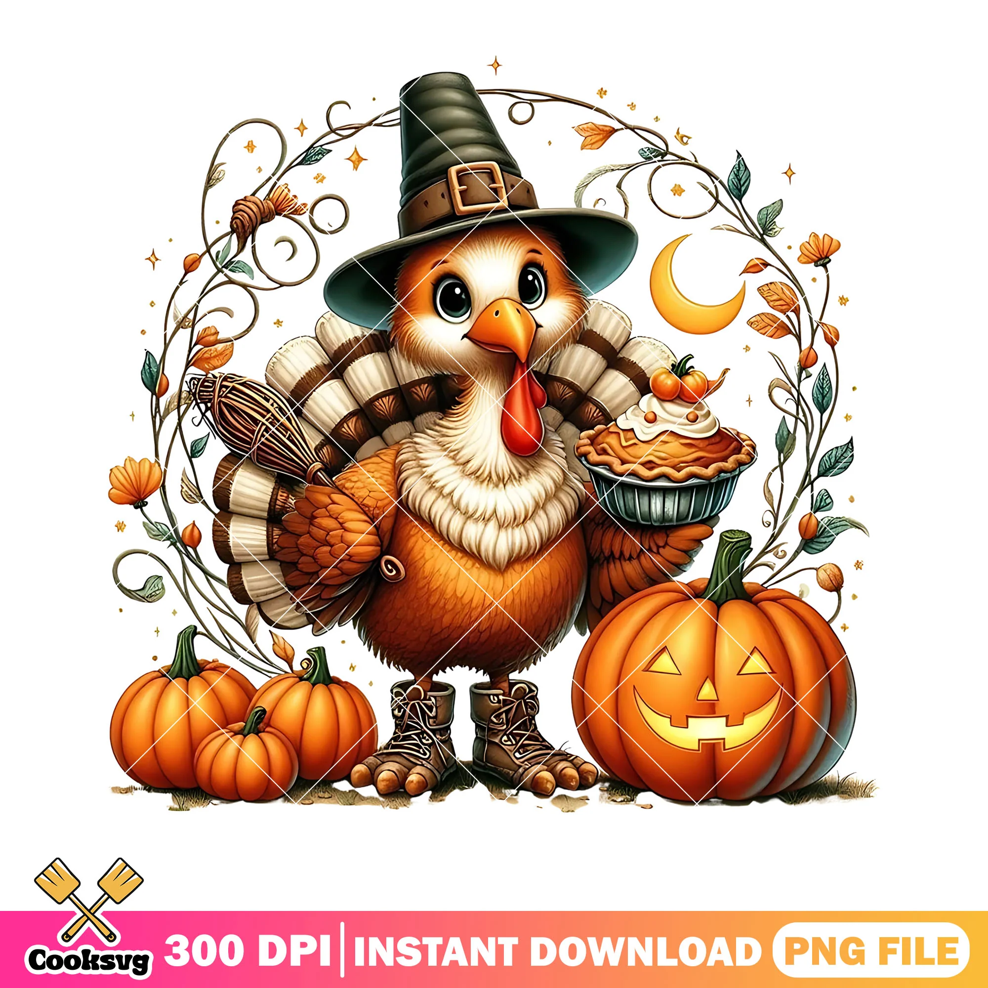 Baby turkey with pumpkin pie png, wicker pumpkin png, crazy halloween night png