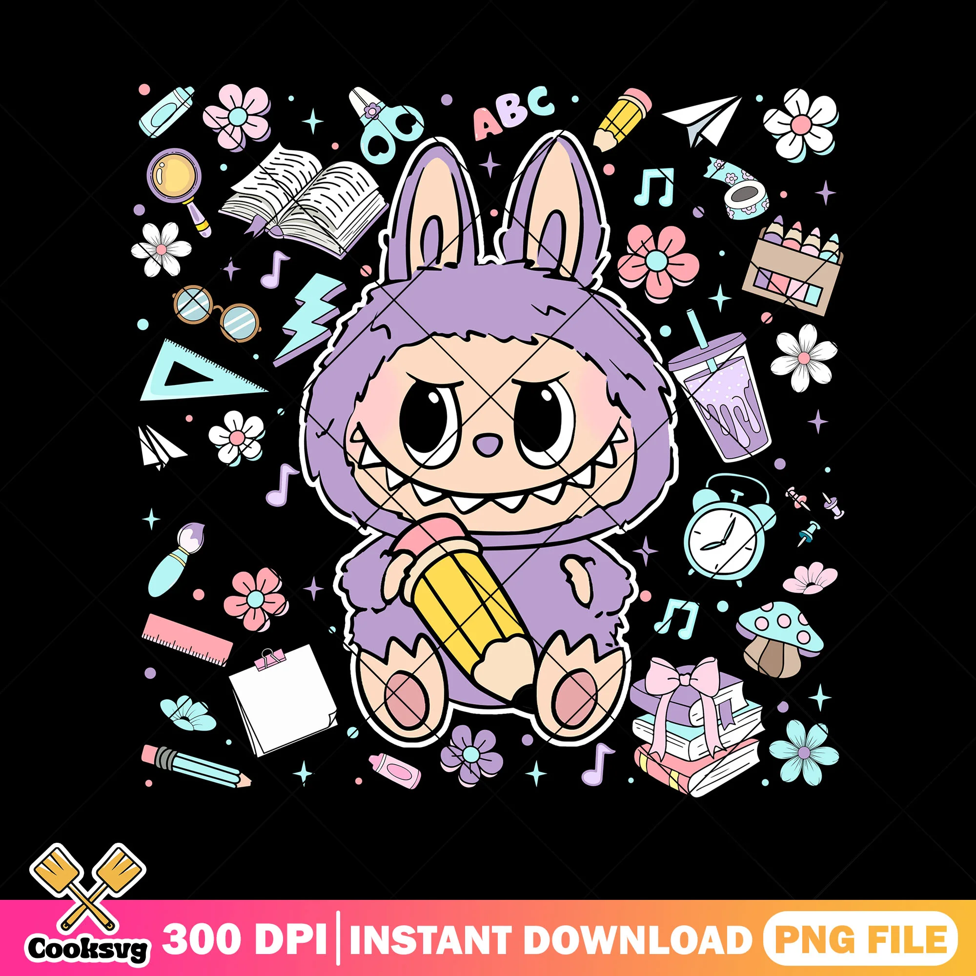 Back to school labubu png, purple labubu png, labubu sitting png