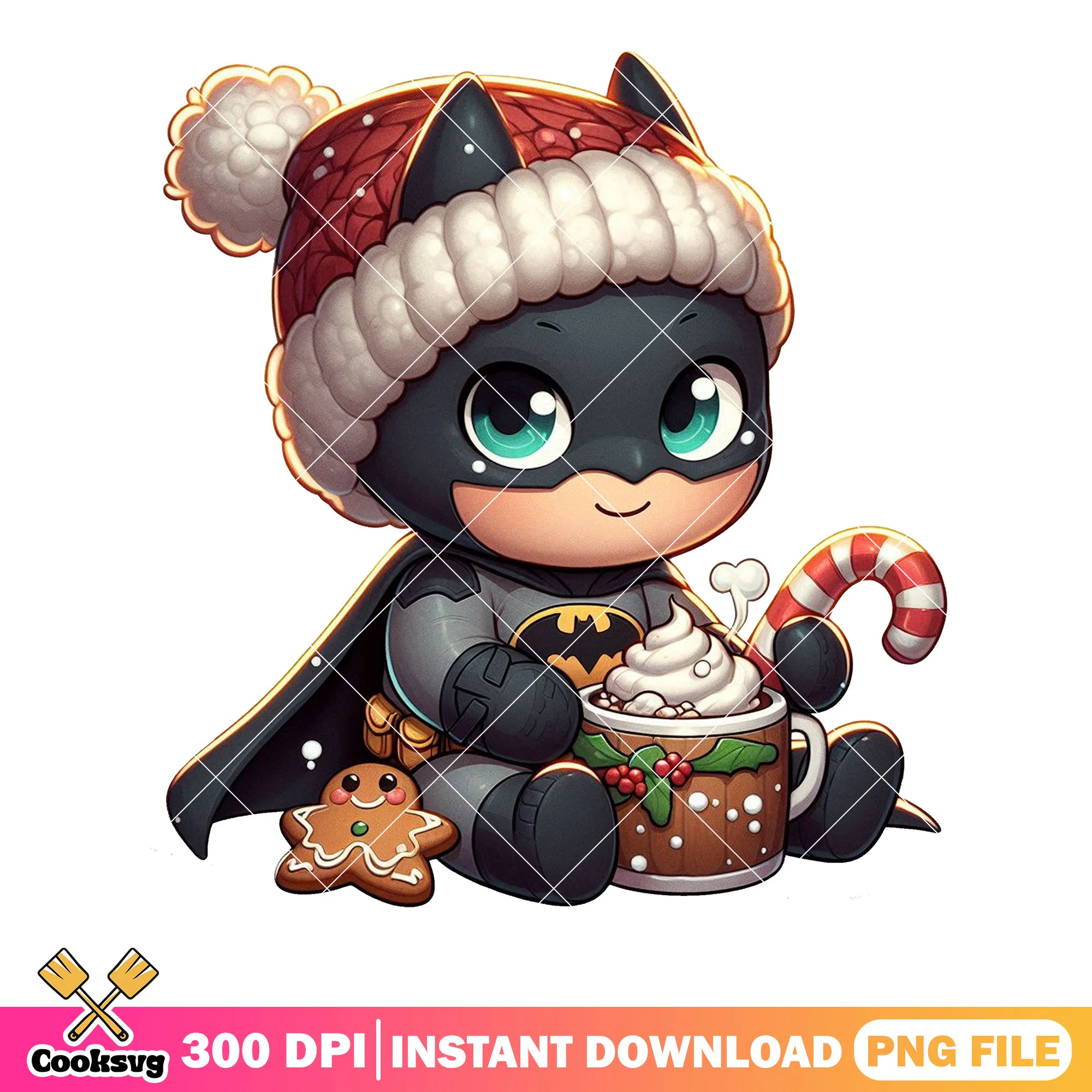 Batman chibi cute christmas png, santa hat eggnog png, gingerbread png