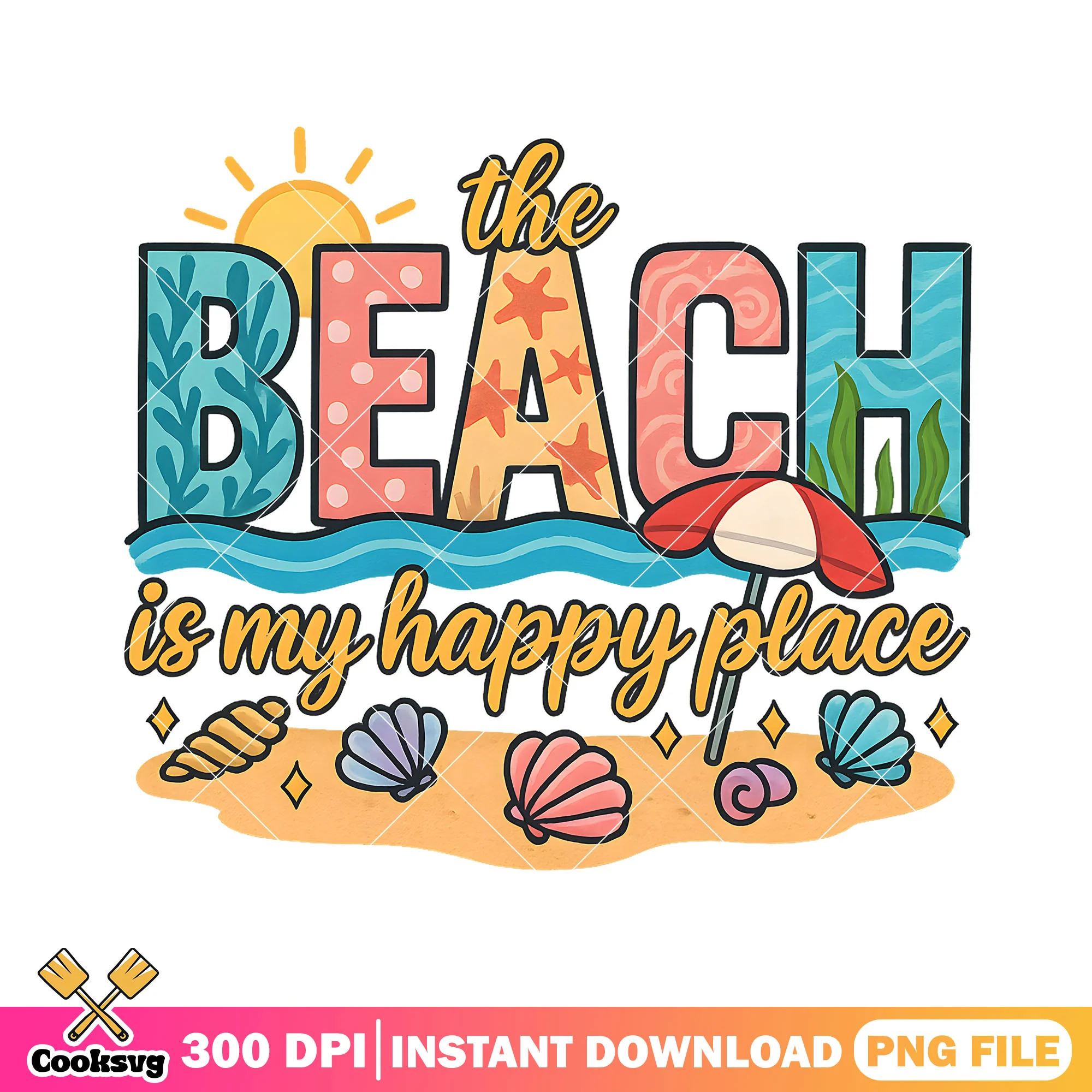 Beach is my happy place png, summer beach png, happy bay beach png