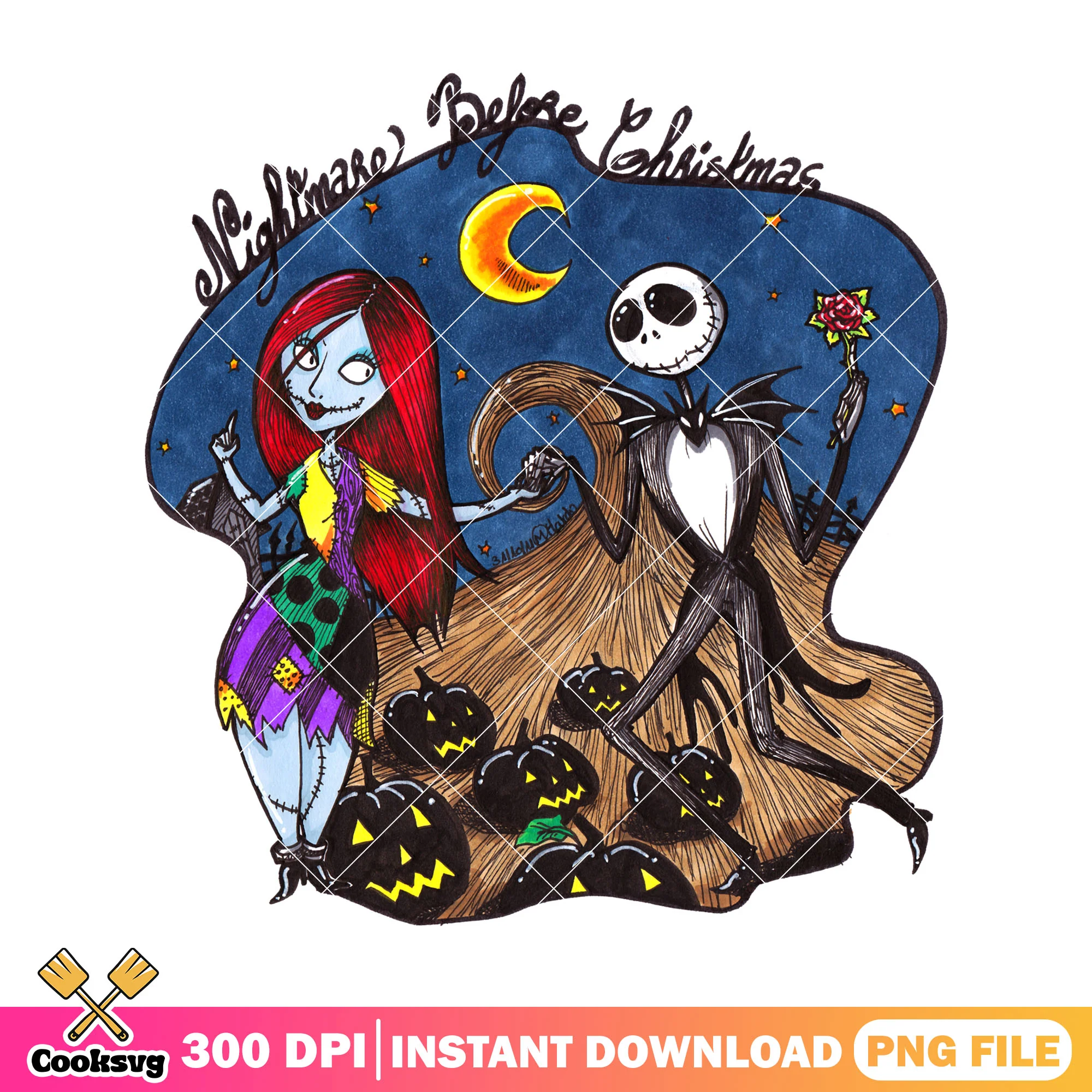 Beautiful night with jack png, sally art png, horror halloween png