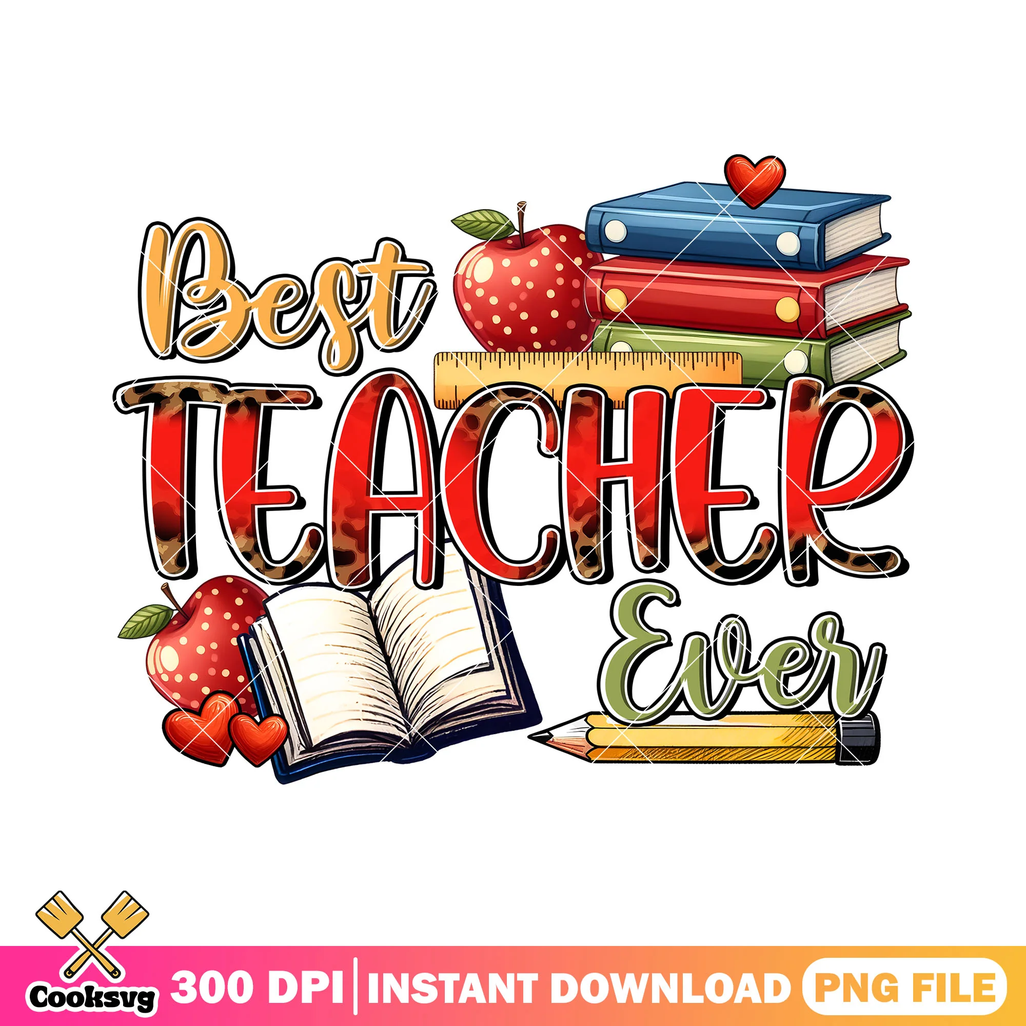 Best teacher ever design png, back to school art png, books png