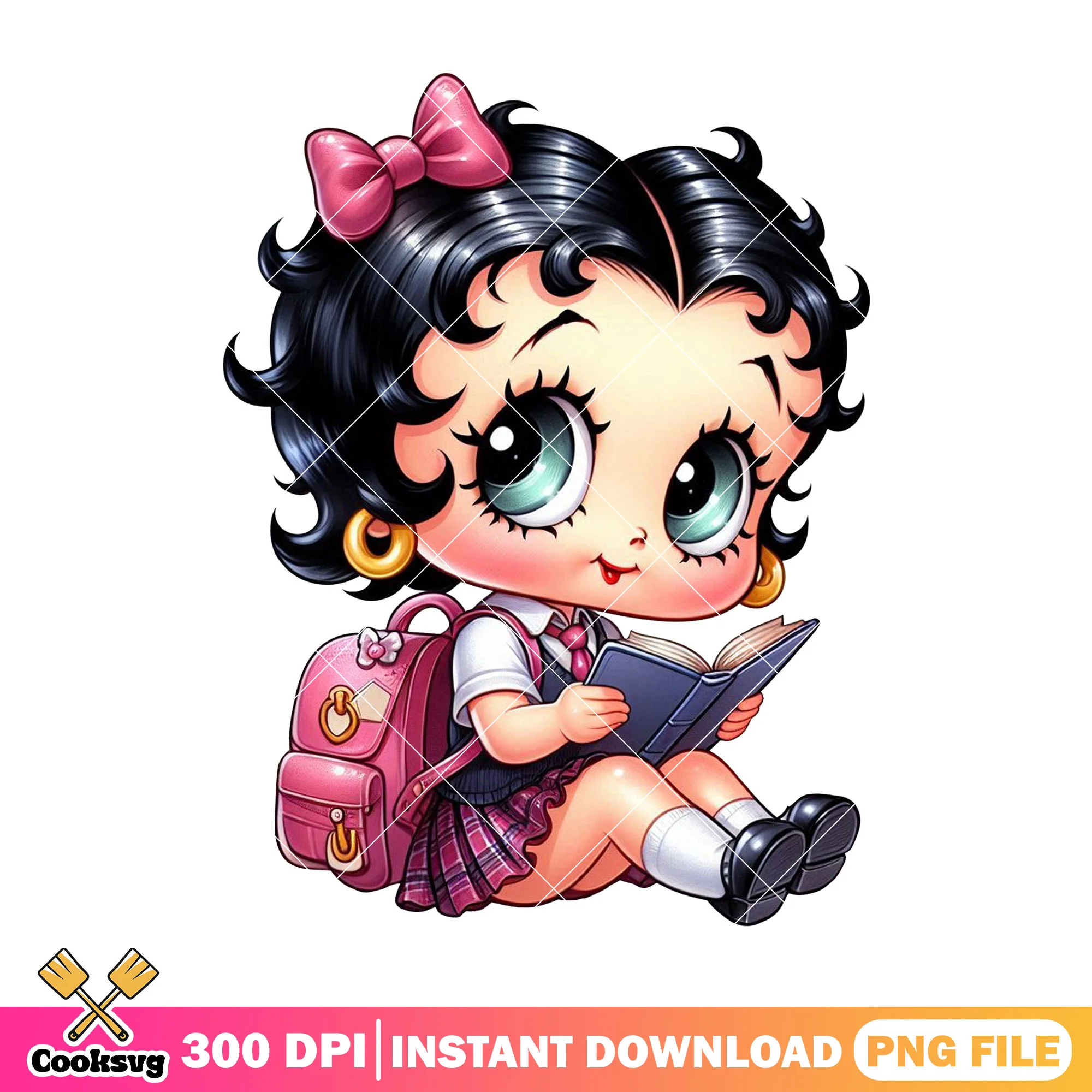 Betty boop chibi png, back to school png, betty boop sitting png
