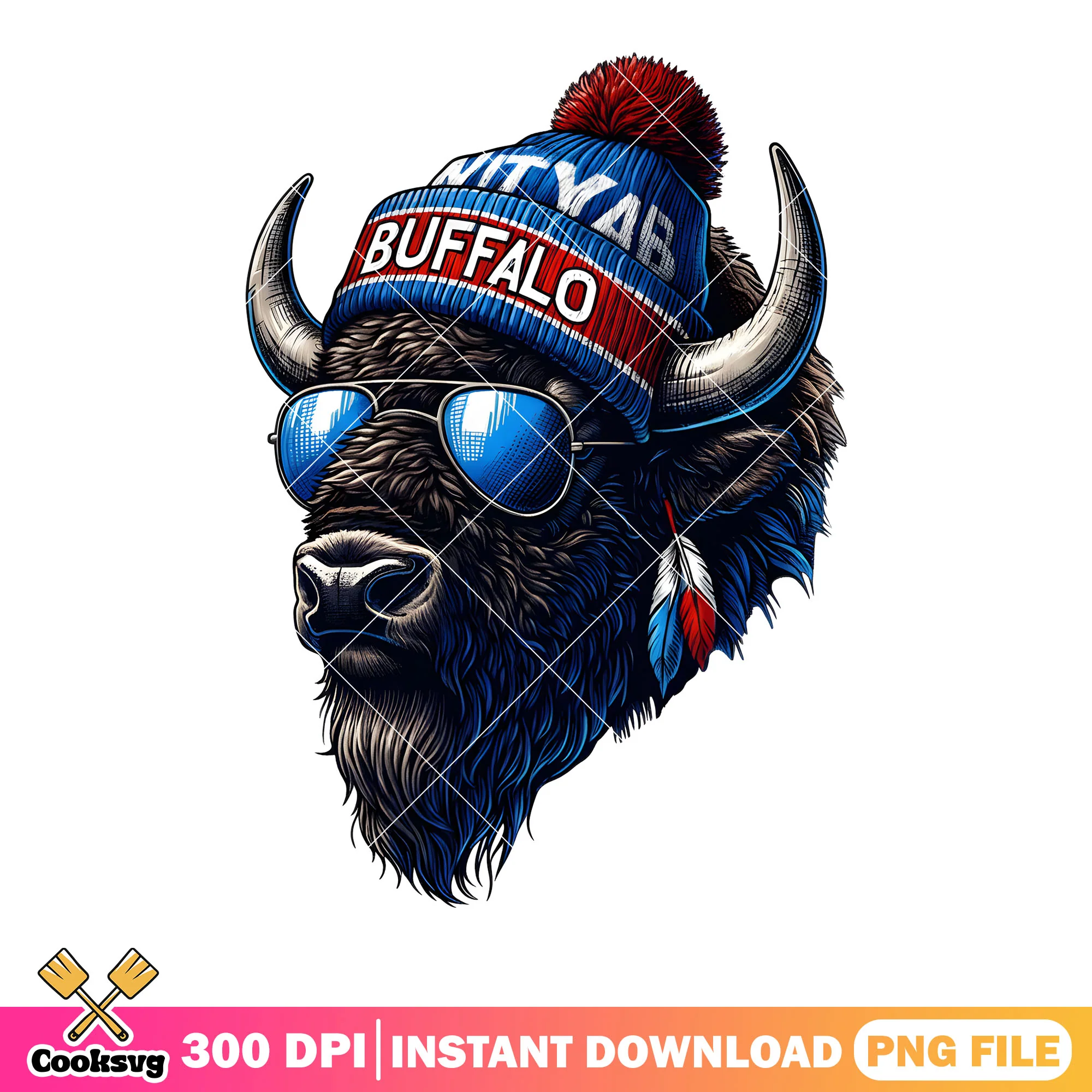 Big black buffalo head png, buffalow bills png, red blue beanie png