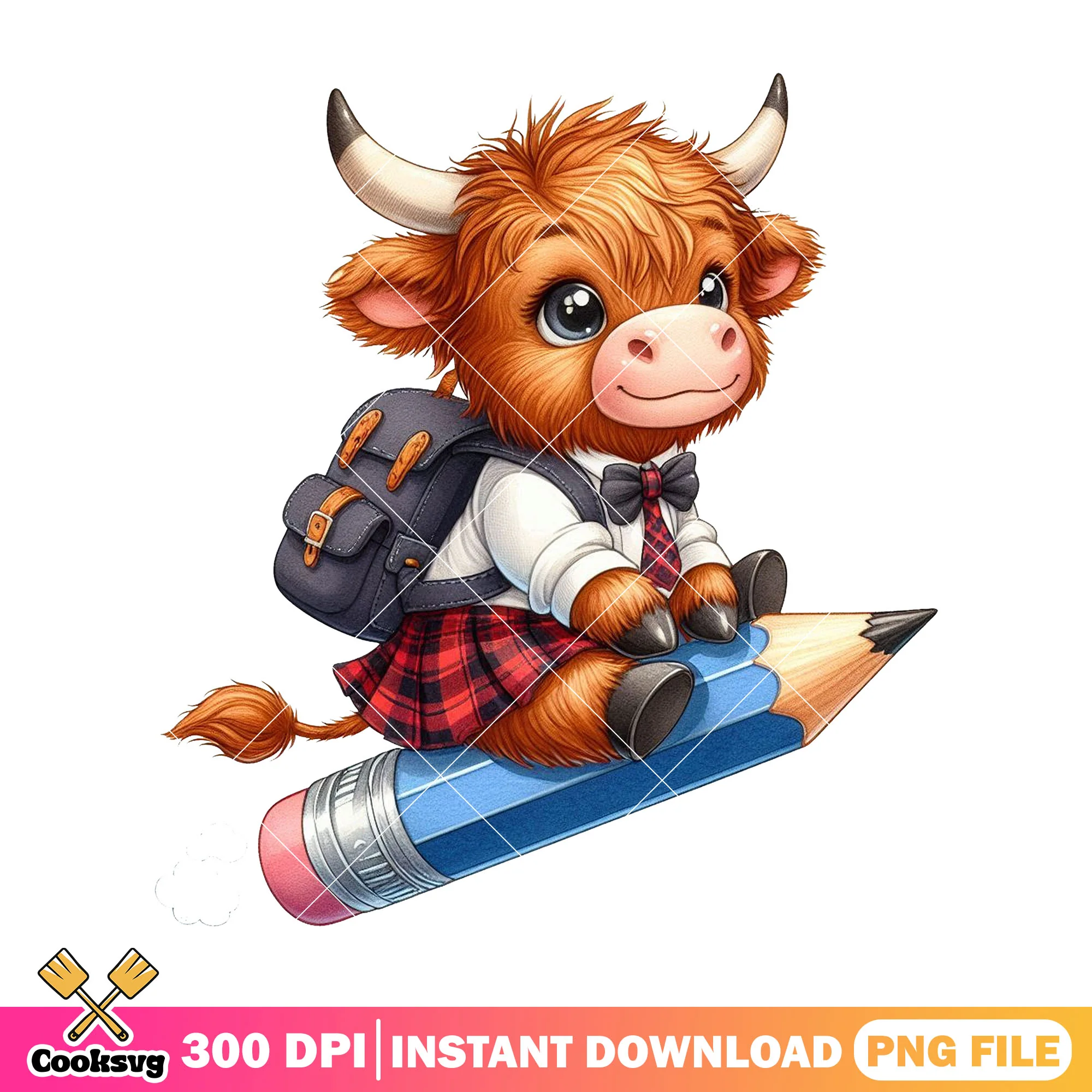 Big pencil cow chibi design png, cow happy png, back to school png