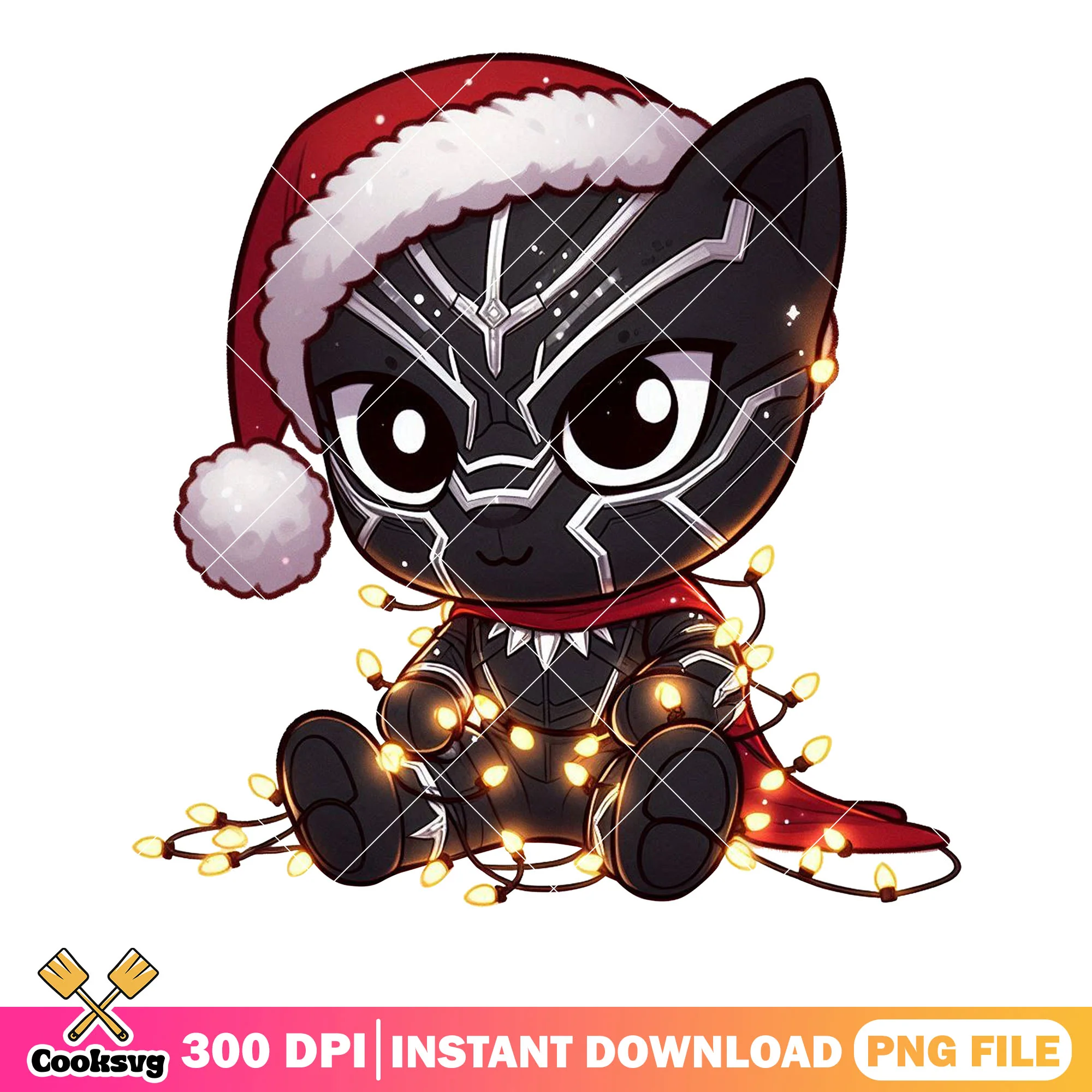 Black panther santa claus png, decor lights png, chibi cute png
