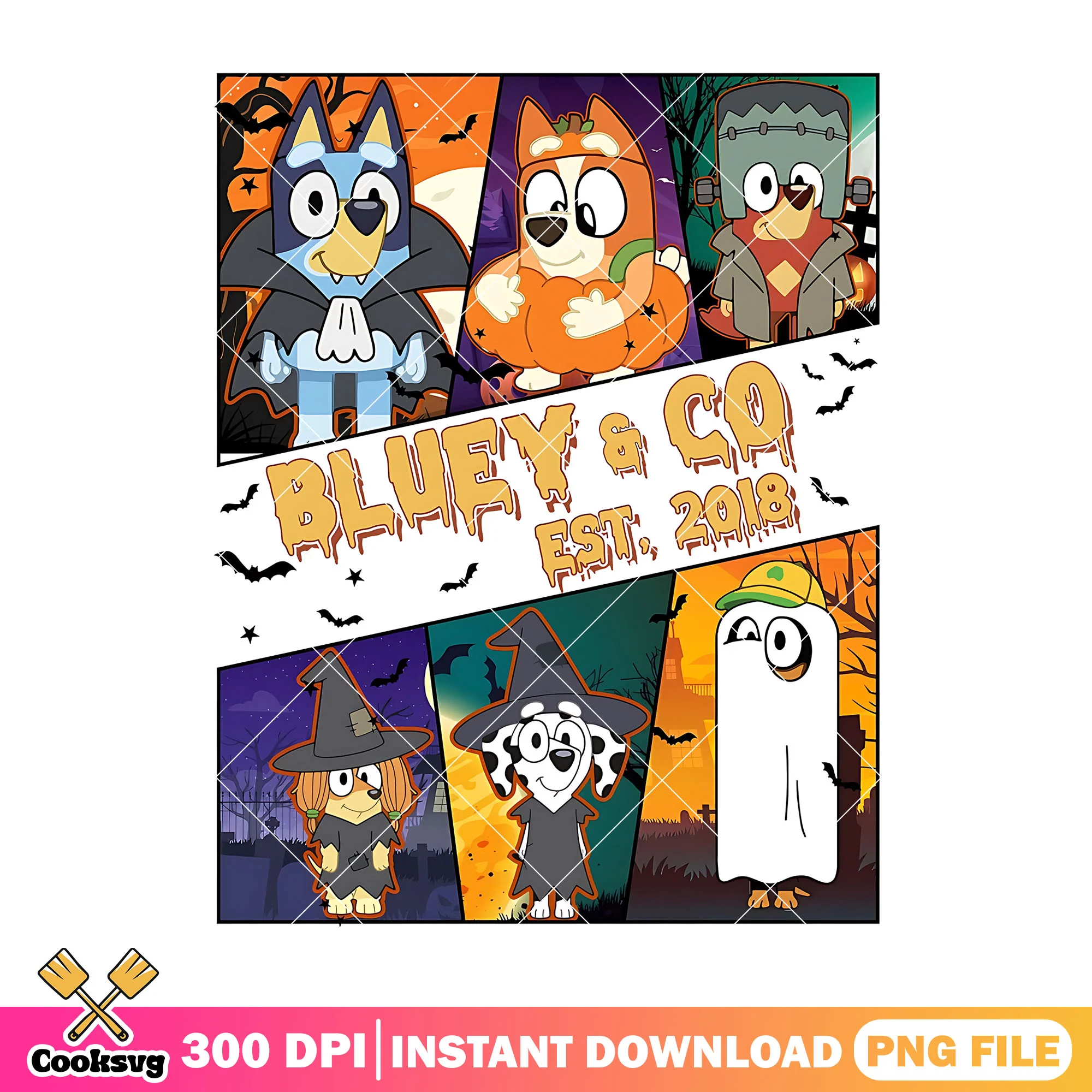Bluey and co png, halloween art png, back to school poster png