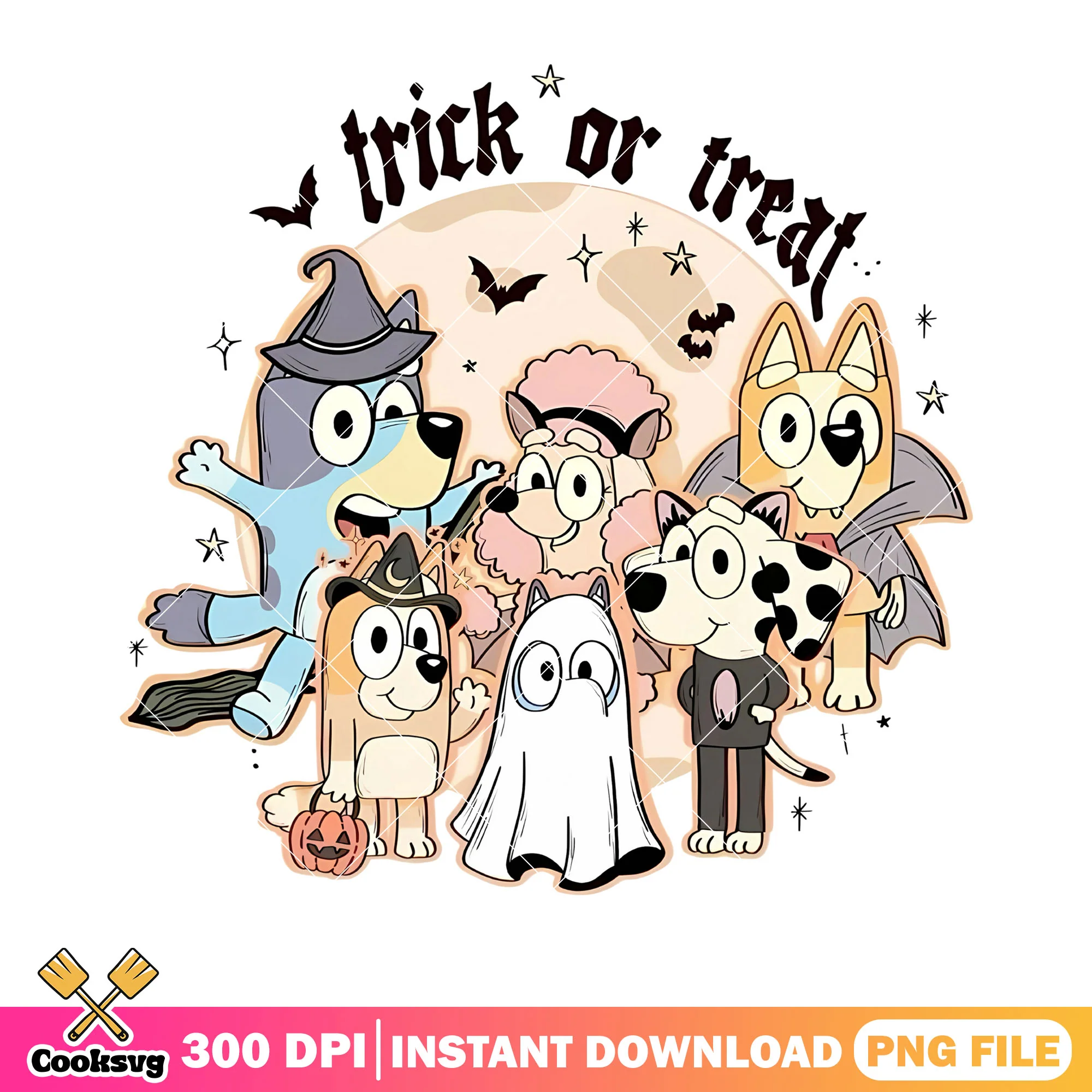 Bluey and friend png, trick or treat png, scary halloween png