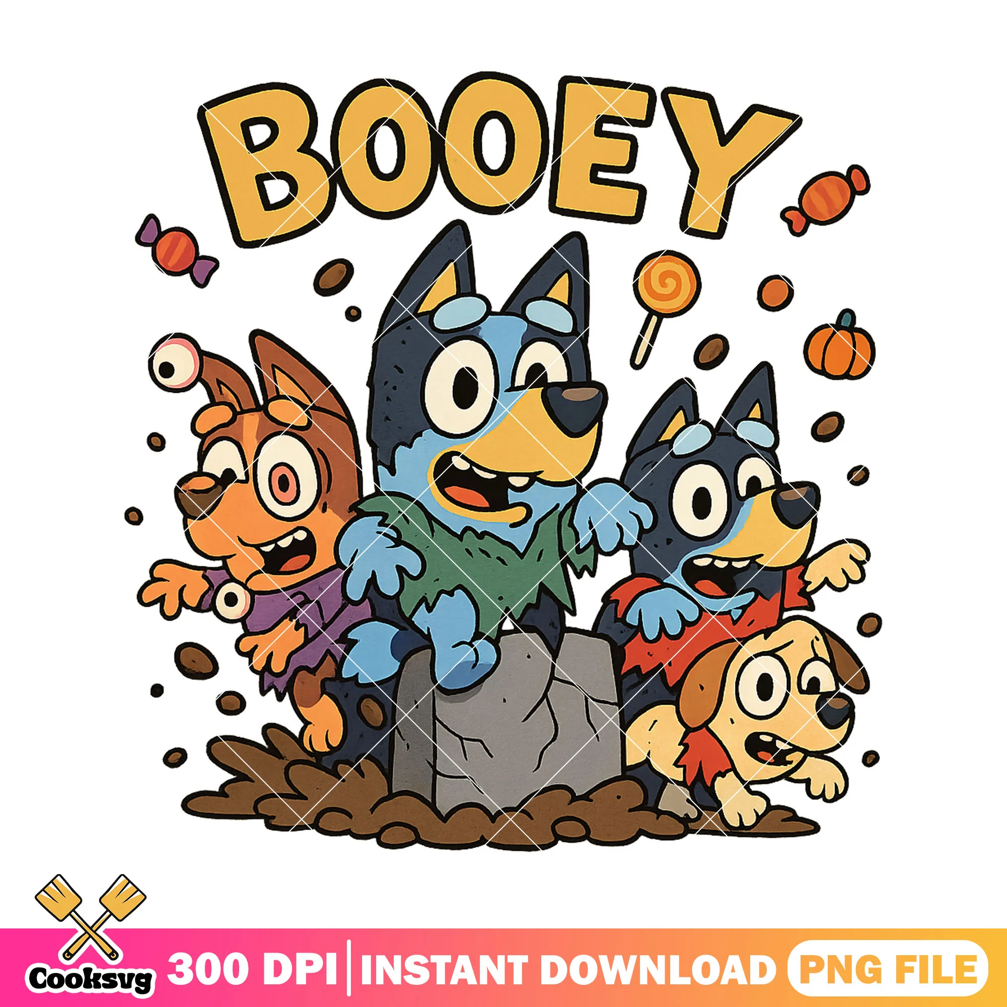 Bluey and friends zombie halloween costume png, cartoon characters png