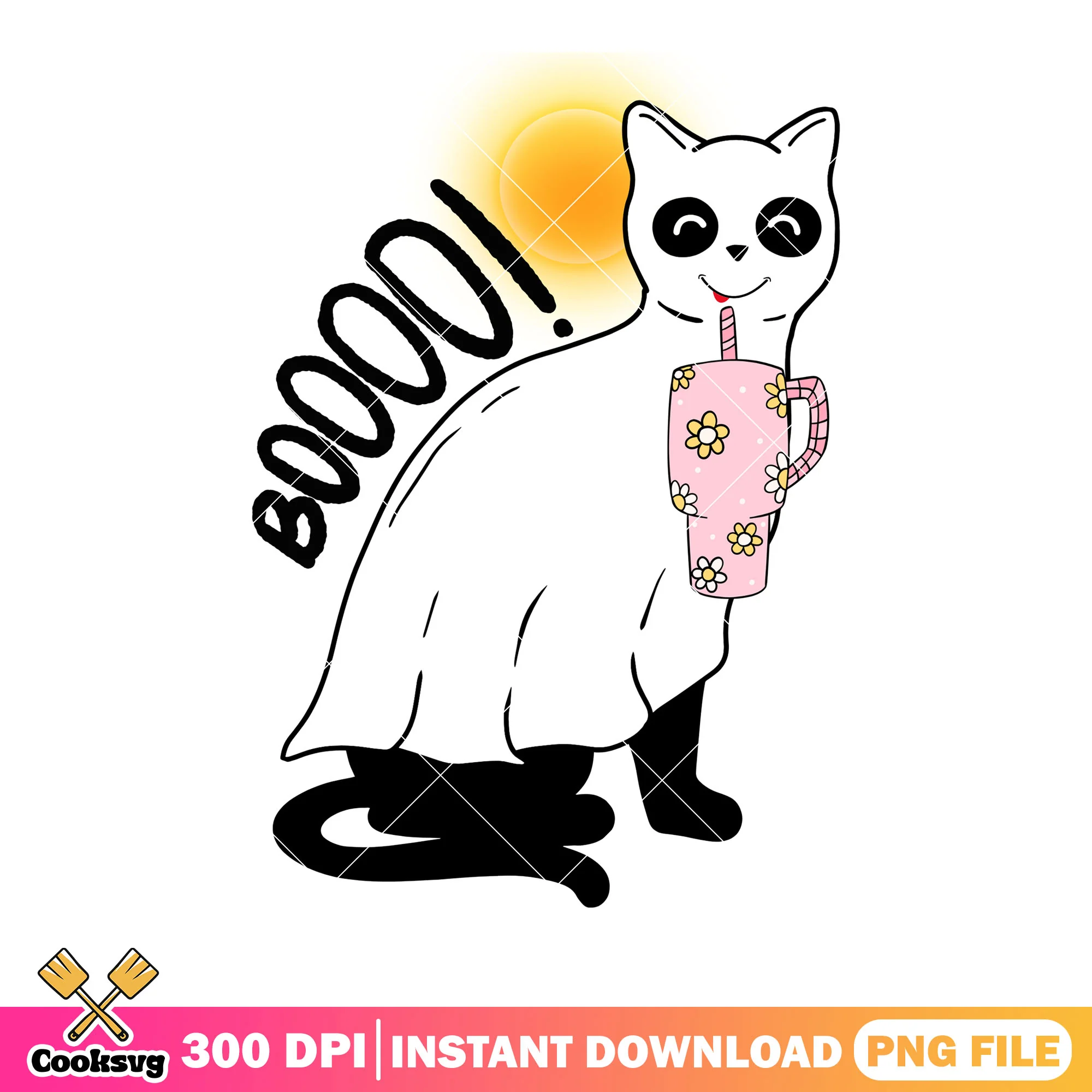 BOO Cat and blanket sun png, ghost costume png, scary night png