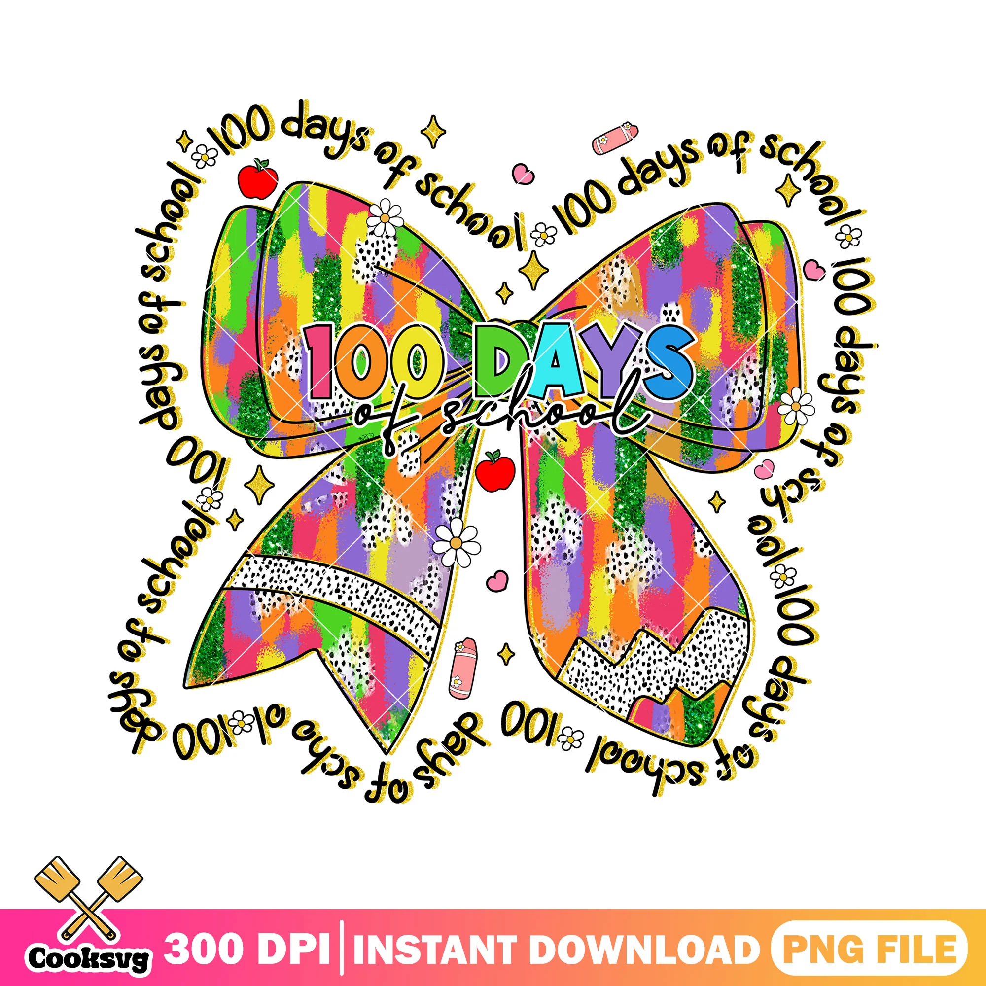 Bow 100 days design png, back to school art png, rainbow bow png