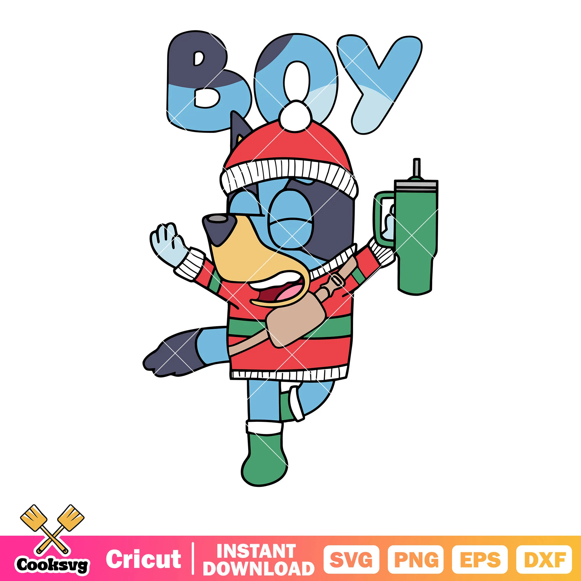 Boy bluey svg, green thermos cup svg, santa claus hat svg