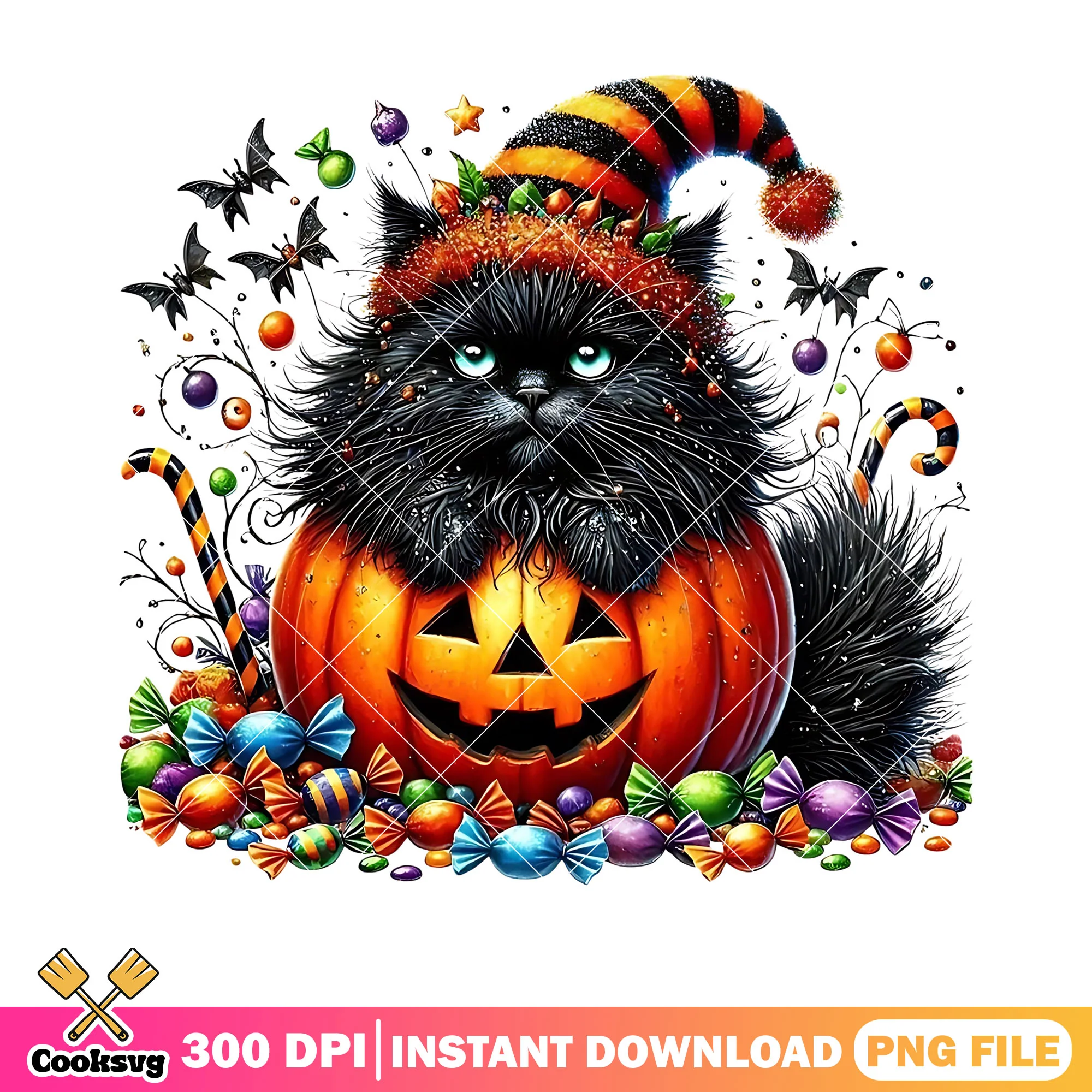 British long hair cat with witch hat png, jack o lantern png