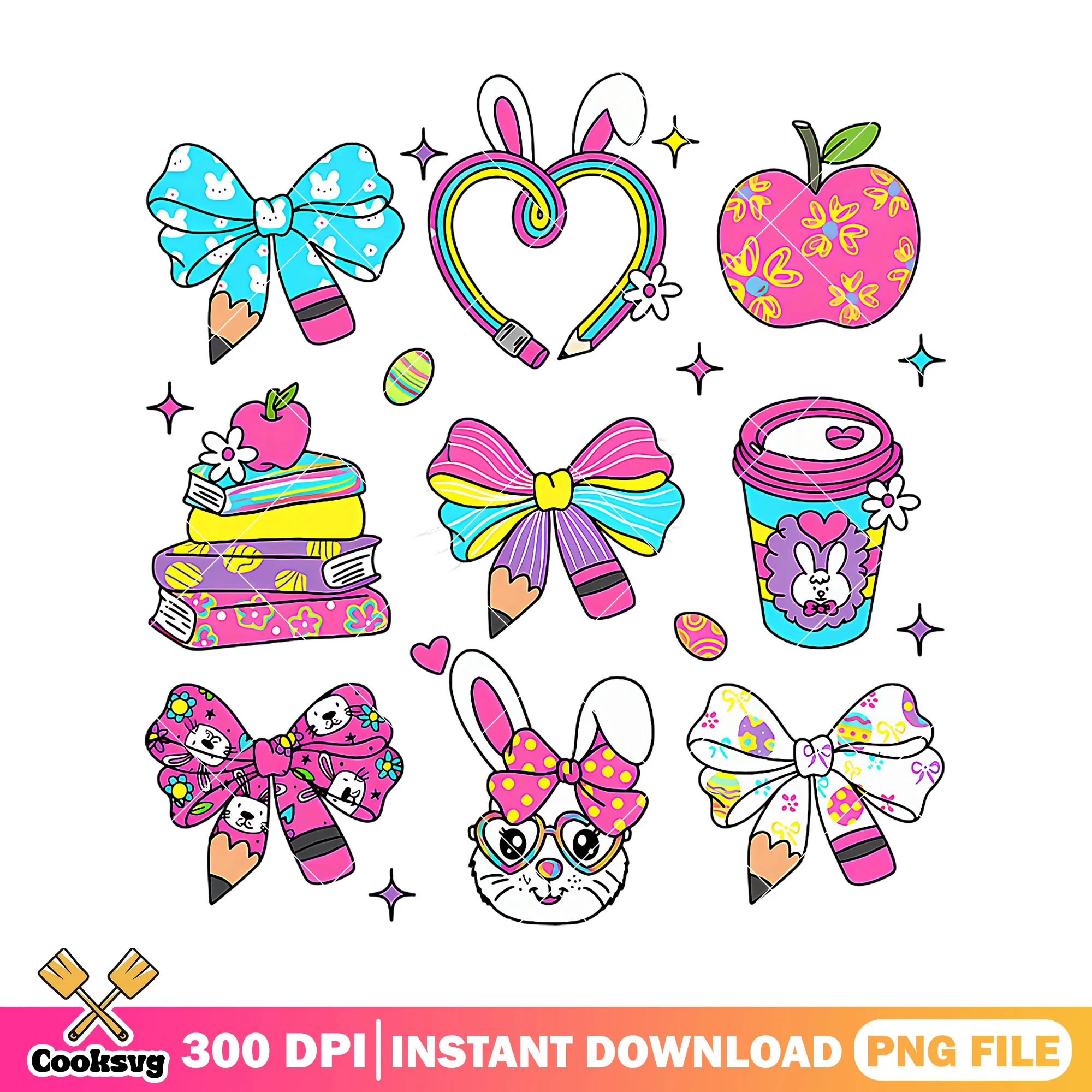 Bunny supplies design png, bunny items png, back to school decor png