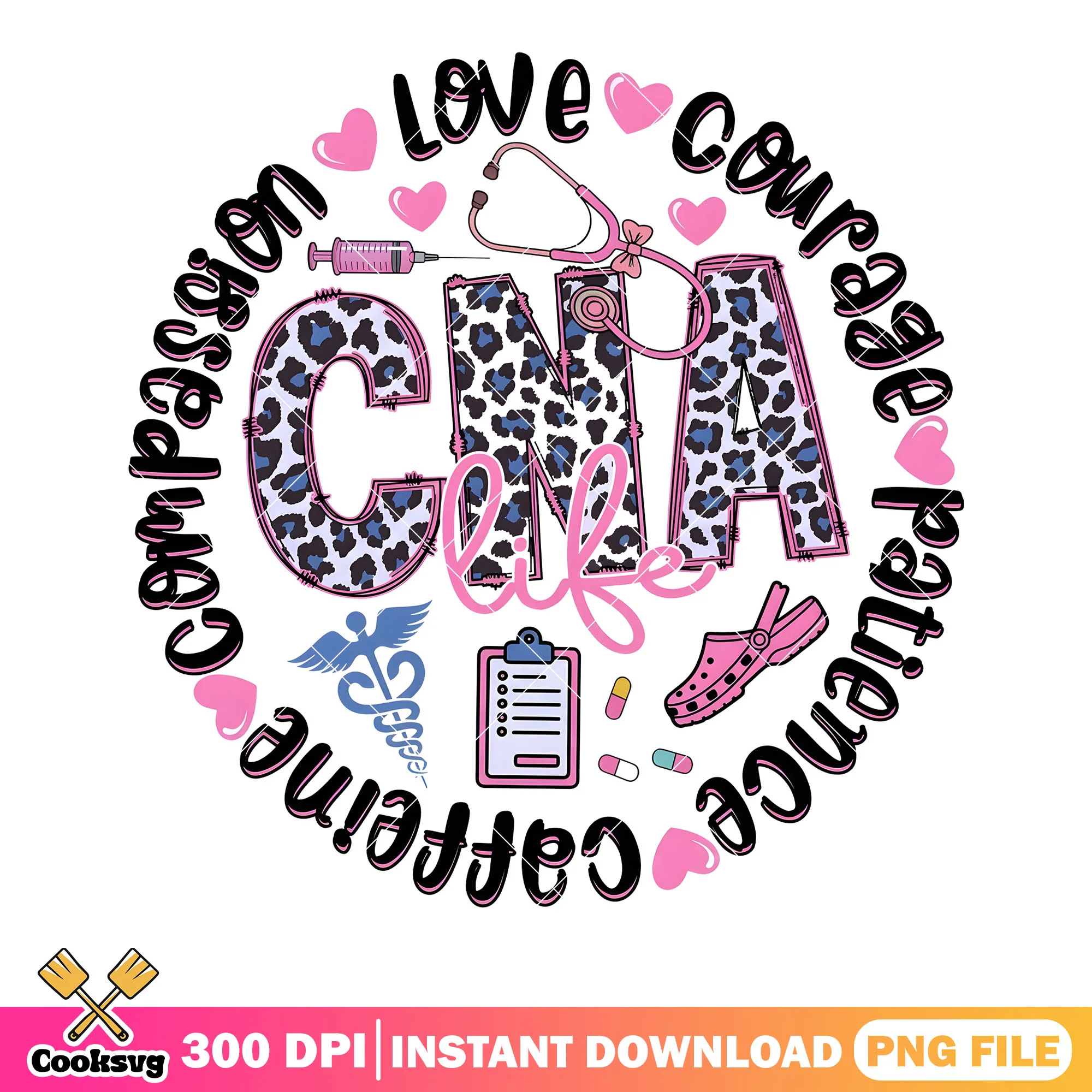Caffeine patience cna png, heart icon png, leopard pattern png