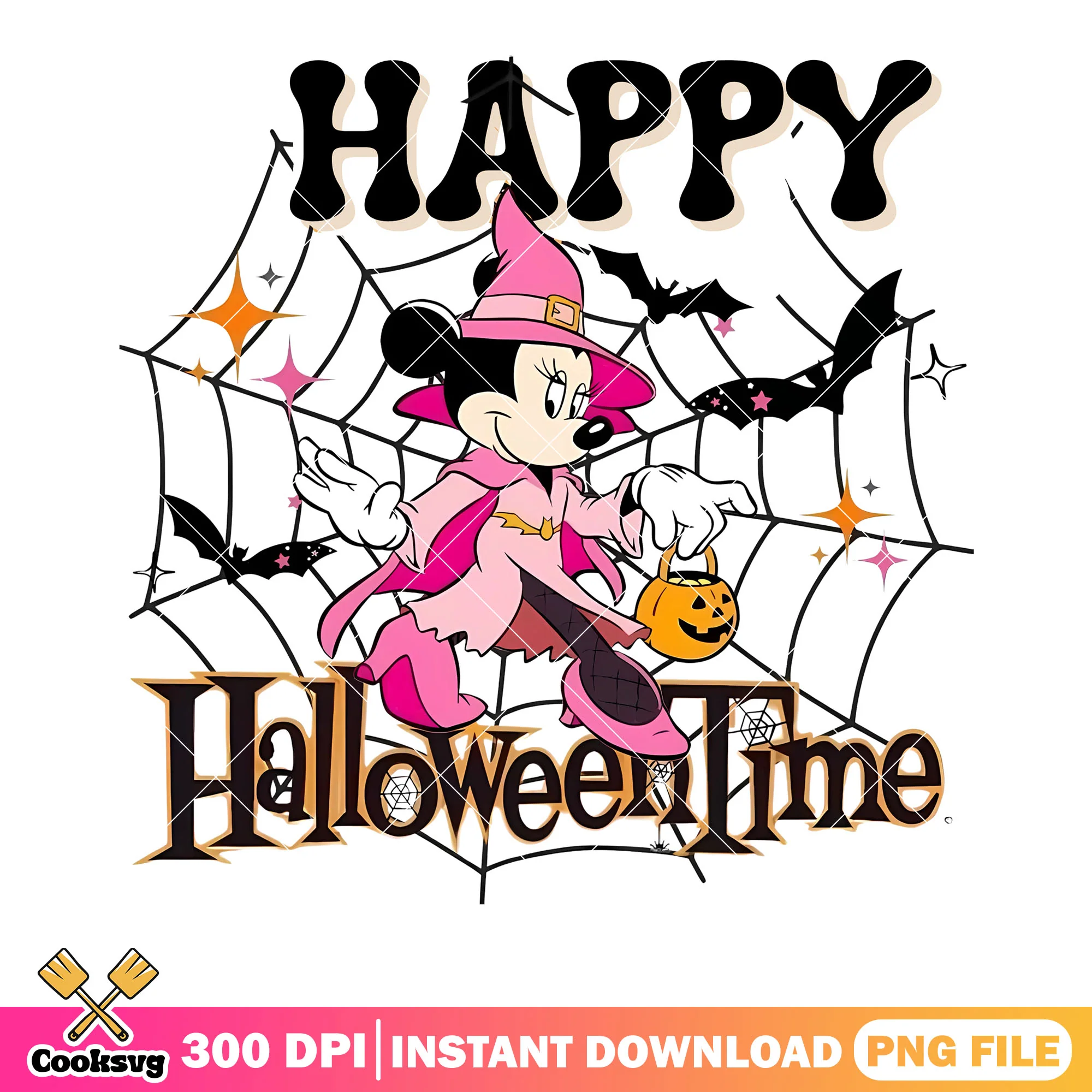 Candy hunter witch minnie png, scary bats png, wicker pumpkin png