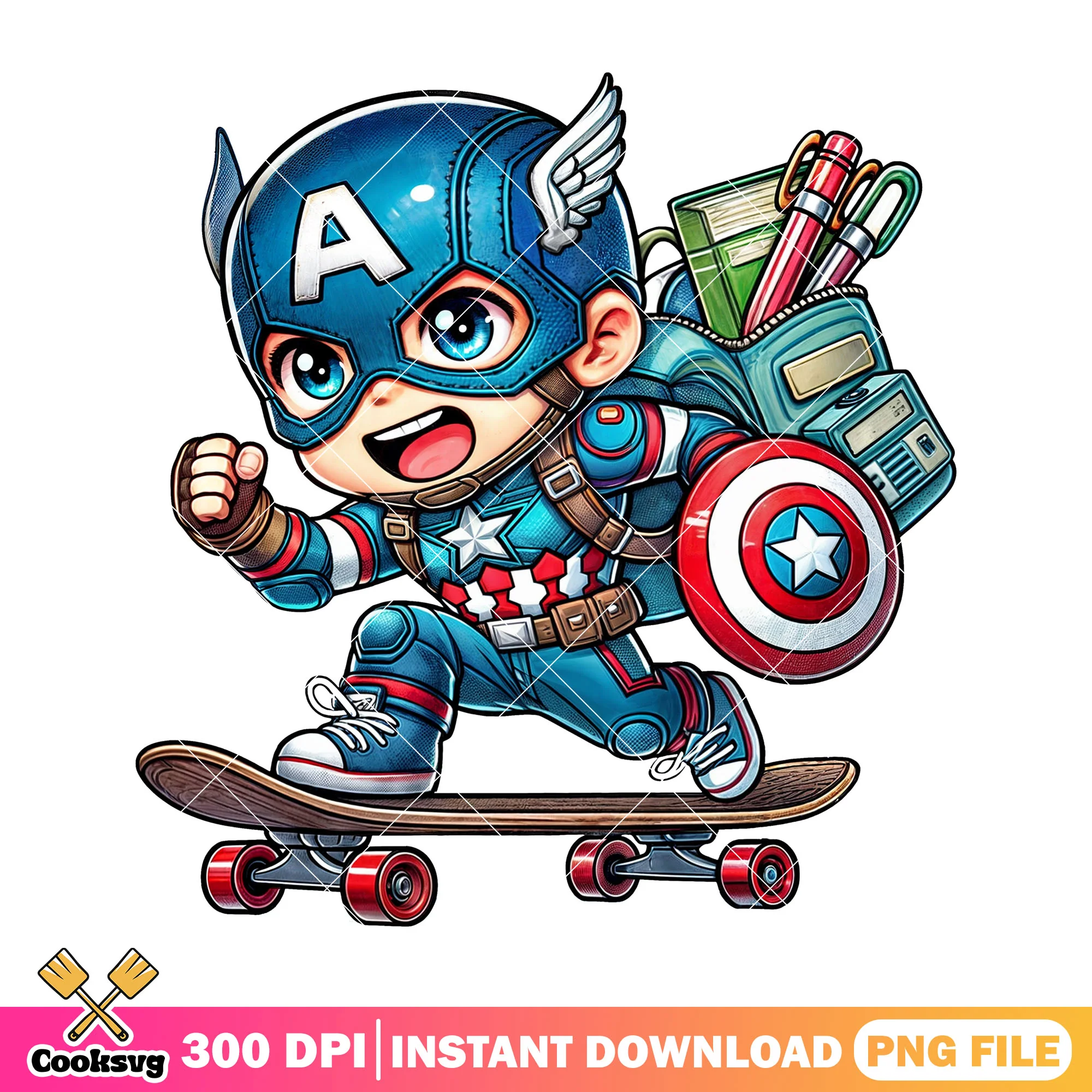 Captain america skateboarding png, back to school png, marvel art png