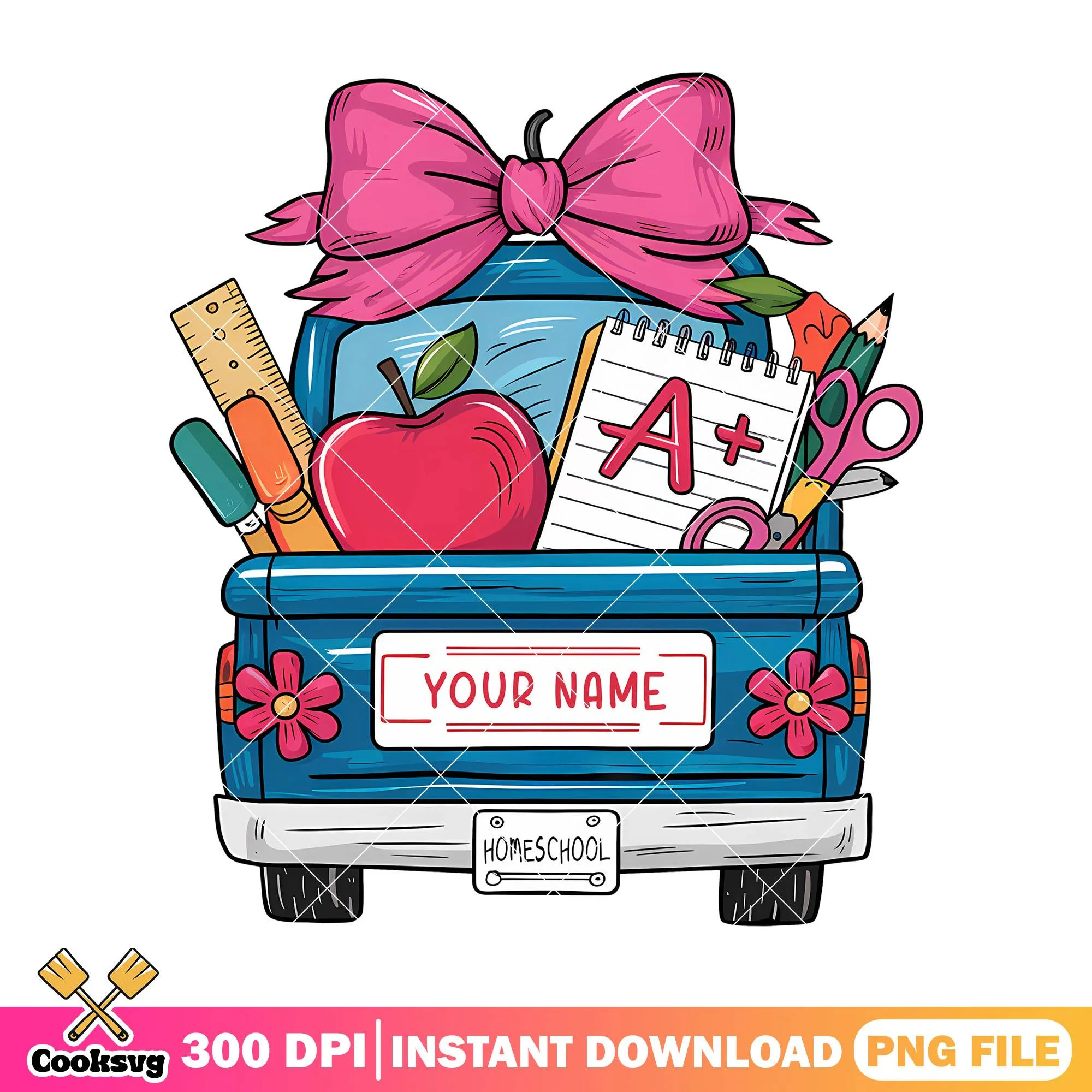 Car with study supplies png, back to school art png, school item png