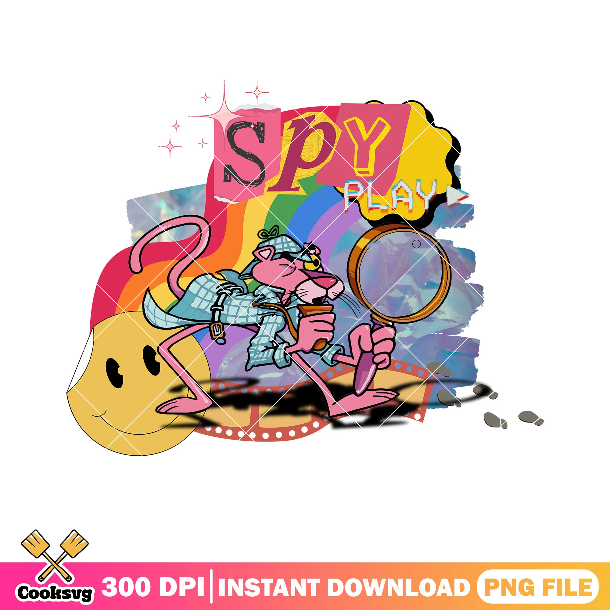 Cartoon 90s Pink Panther png, rainbow magnifying glass png, icon smile png