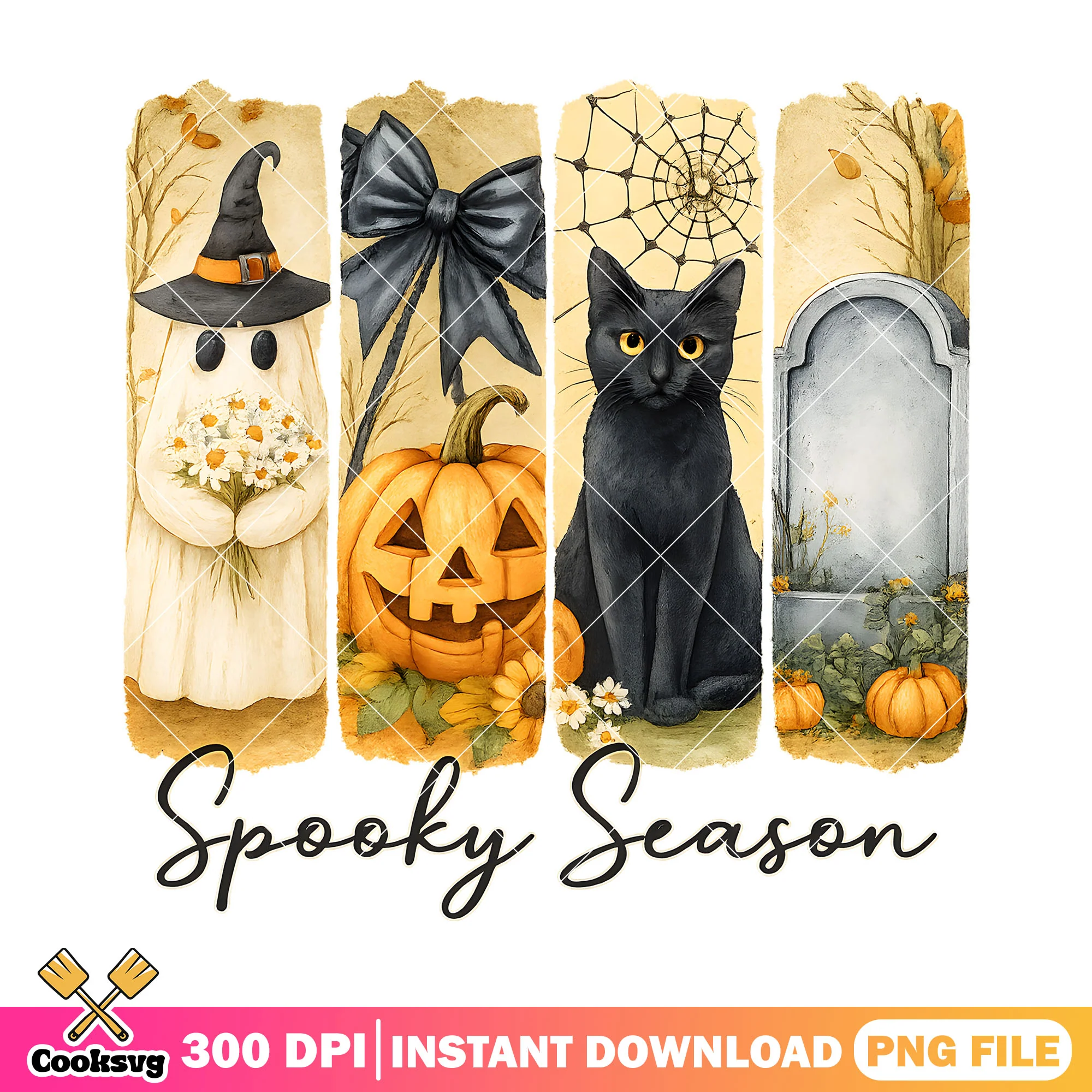 Cat ghost spooky season png, spooky halloween png, halloween bow png