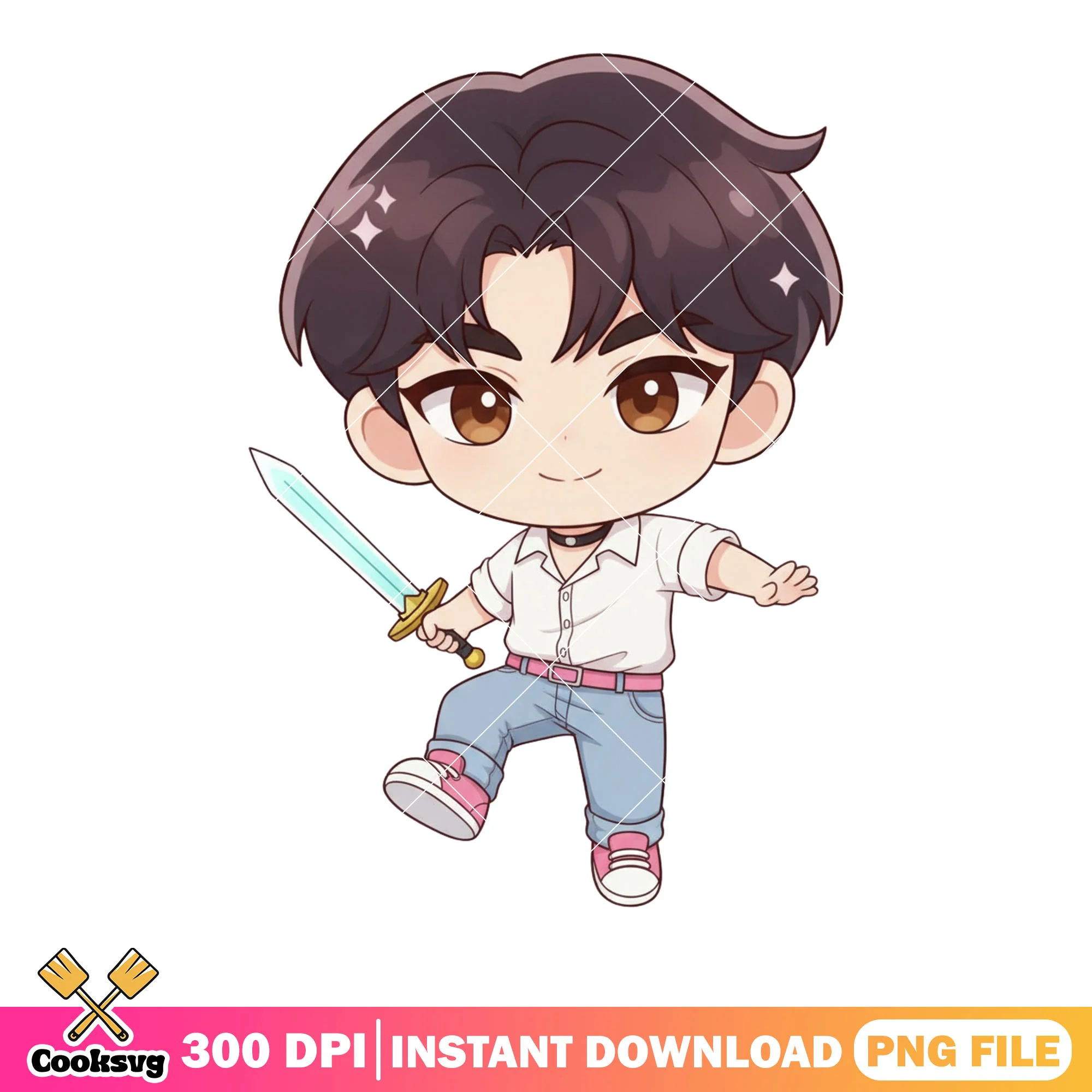 Chibi boys kpop music png, sticker boy pose png, anime boy sword png