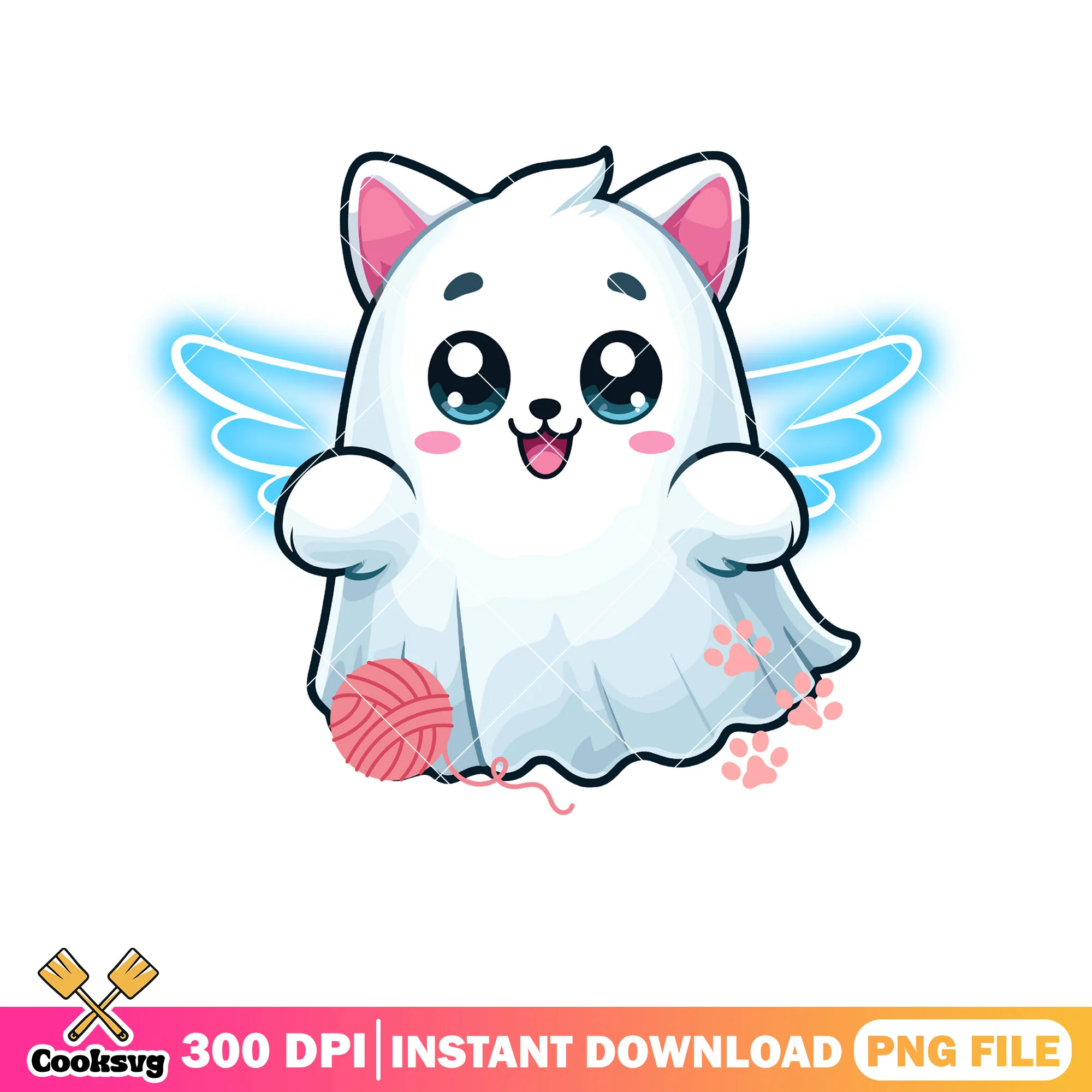 Chibi cute cat spirit png, ghost costume png, spooky halloween png