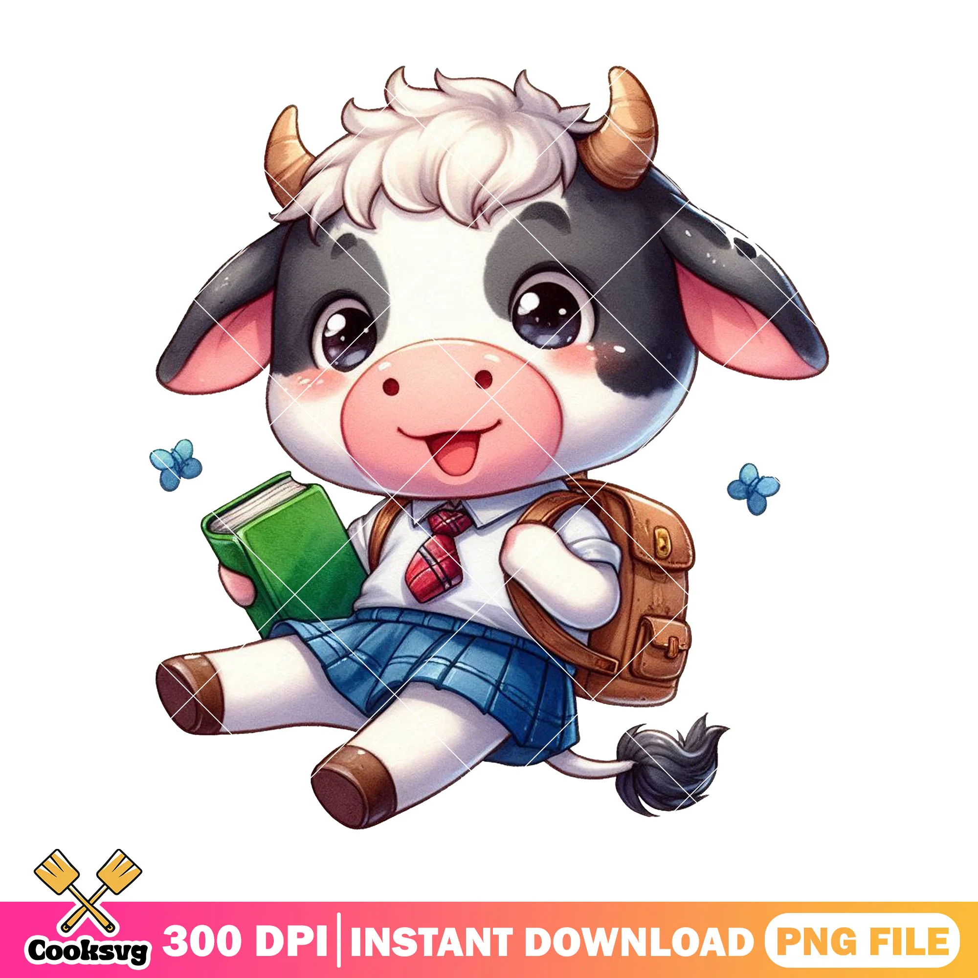 Chibi dairy cow design png, cow girl png, back to school art png