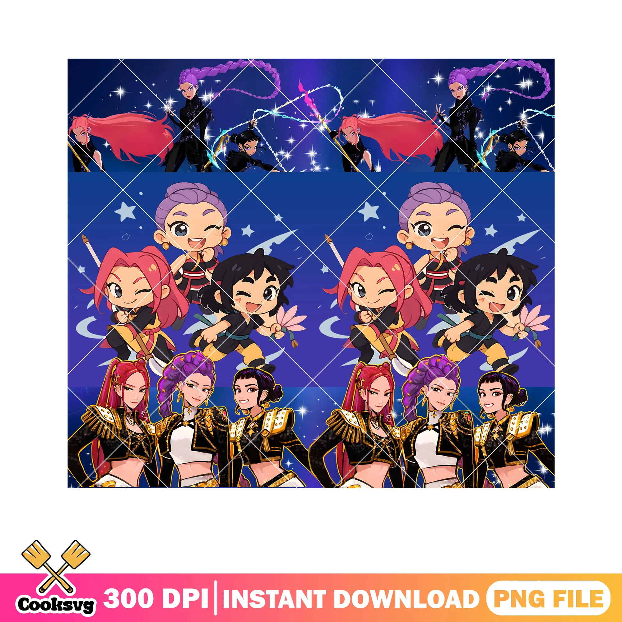 Chibi girls kpop anime png, anime girls huntrix png, royal warrior png