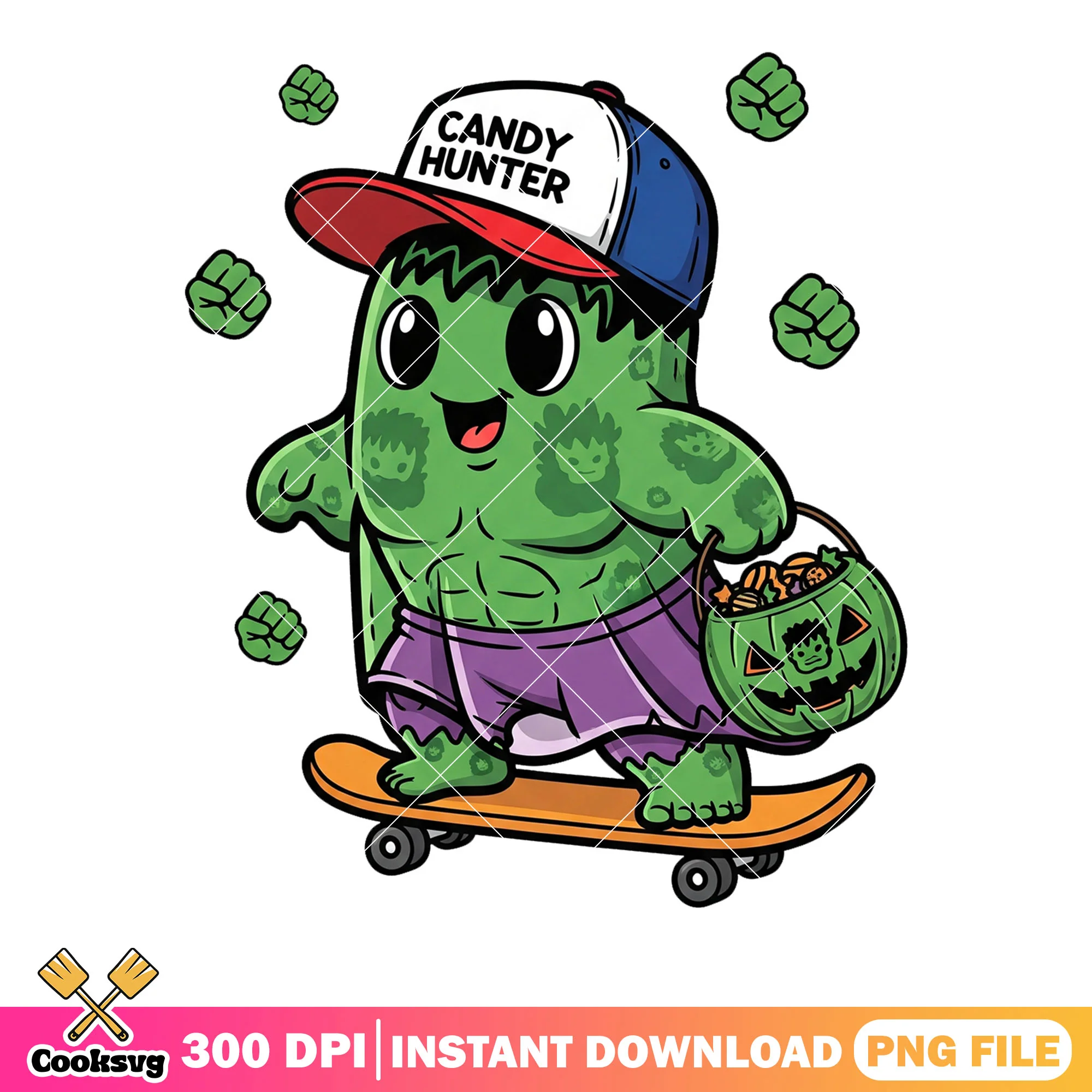 Chibi hulk png, candy hunting png, marvel halloween png