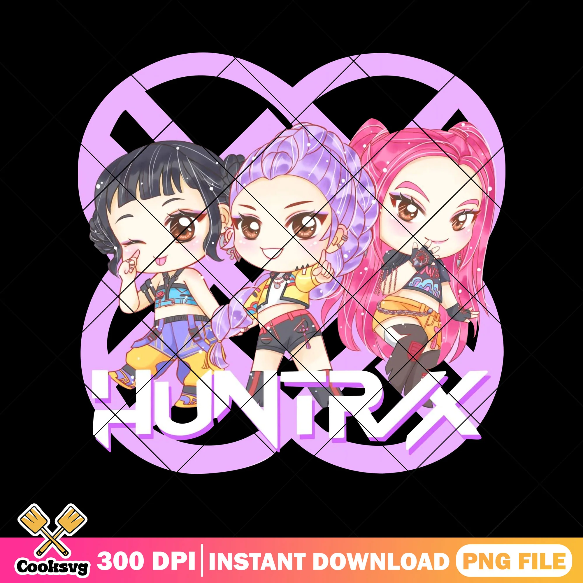 Chibi huntrix with logo png, huntrix netlfix png, kpop demon hunters png