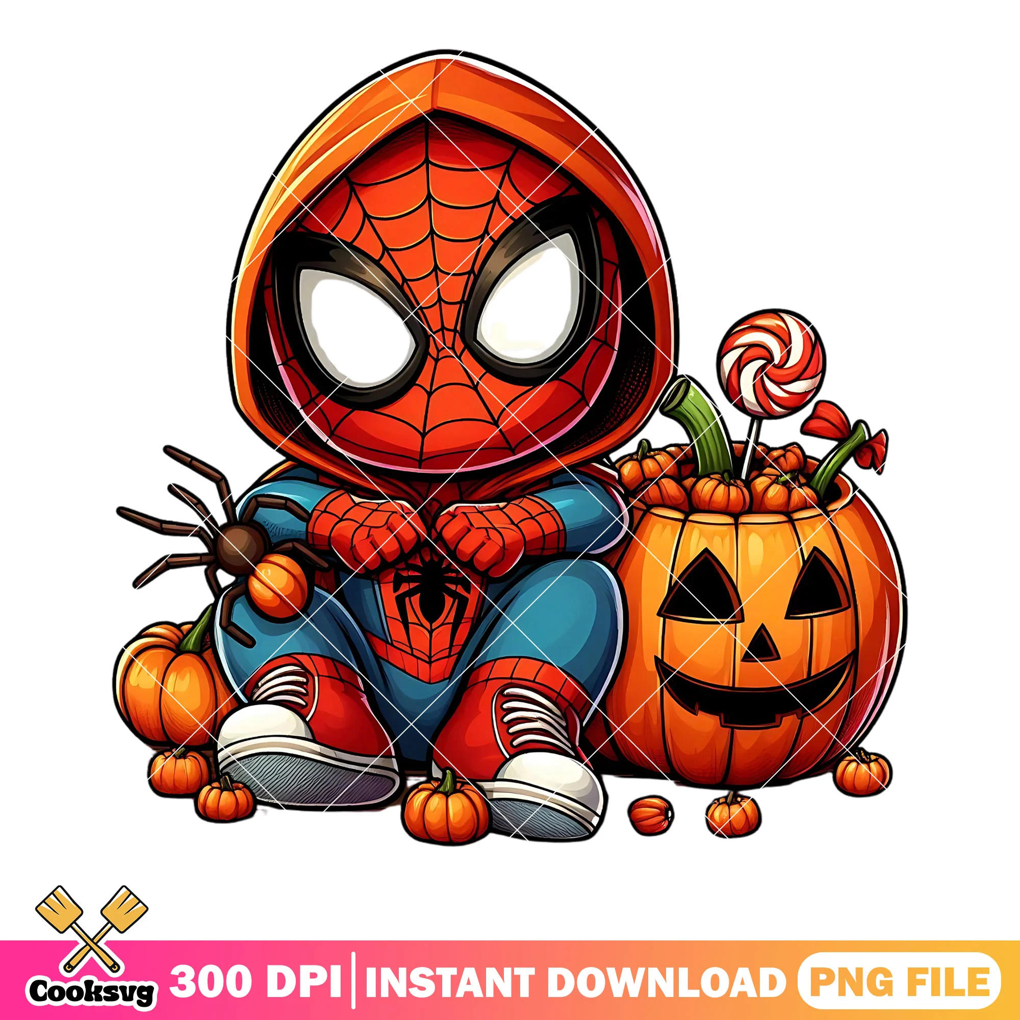Chibi spider man png, jack o lantern png, halloween marvel png