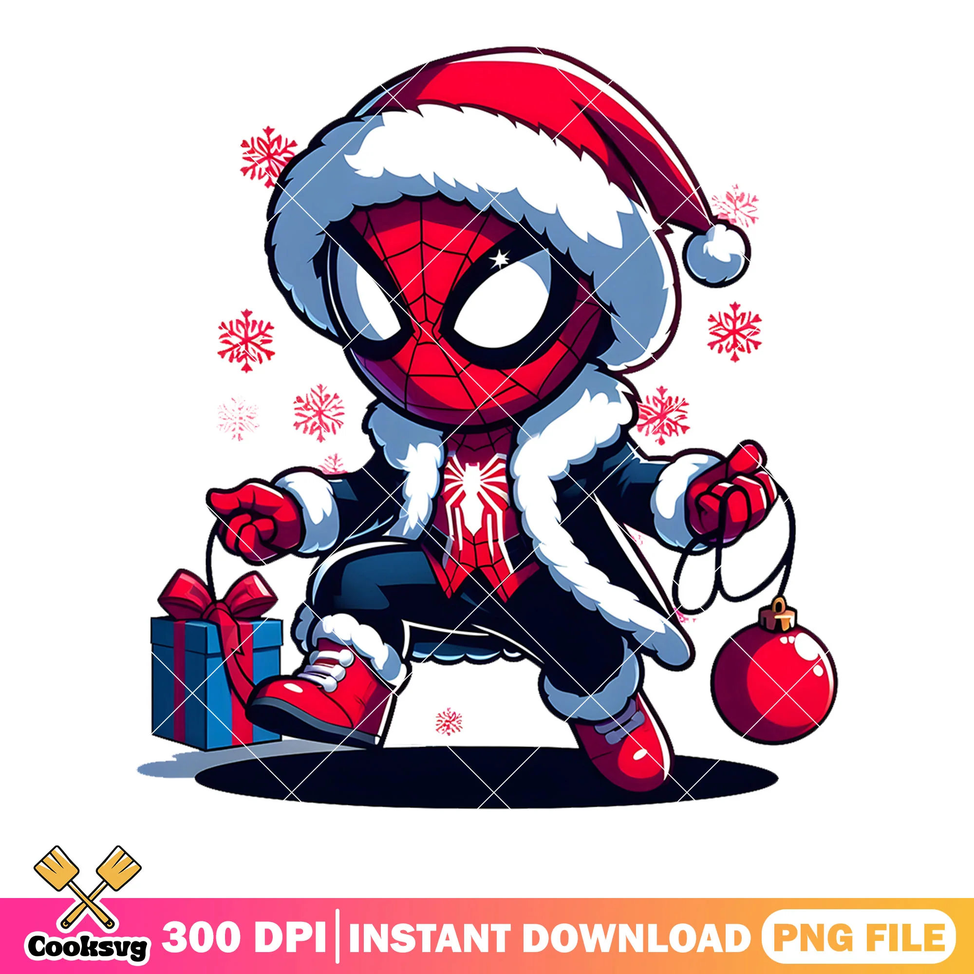 Chibi spiderman delivary png, santa coat gift png, snowflakes png