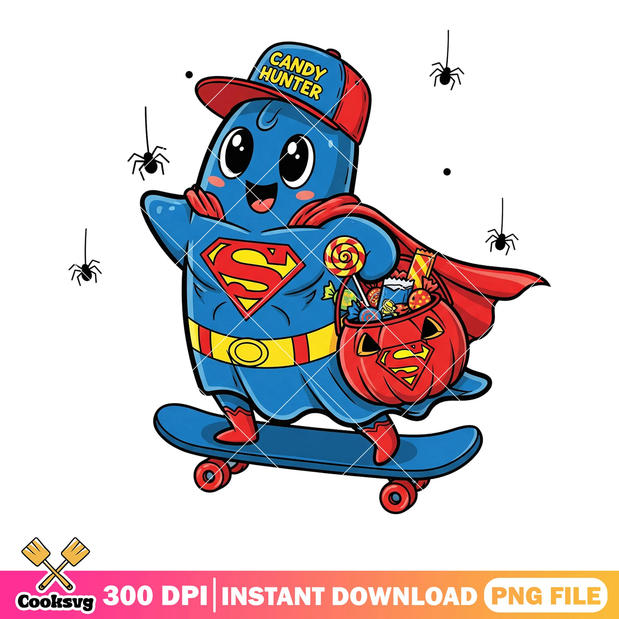 Chibi spiderman trick treat png, marvel halloween png, ghost costume png