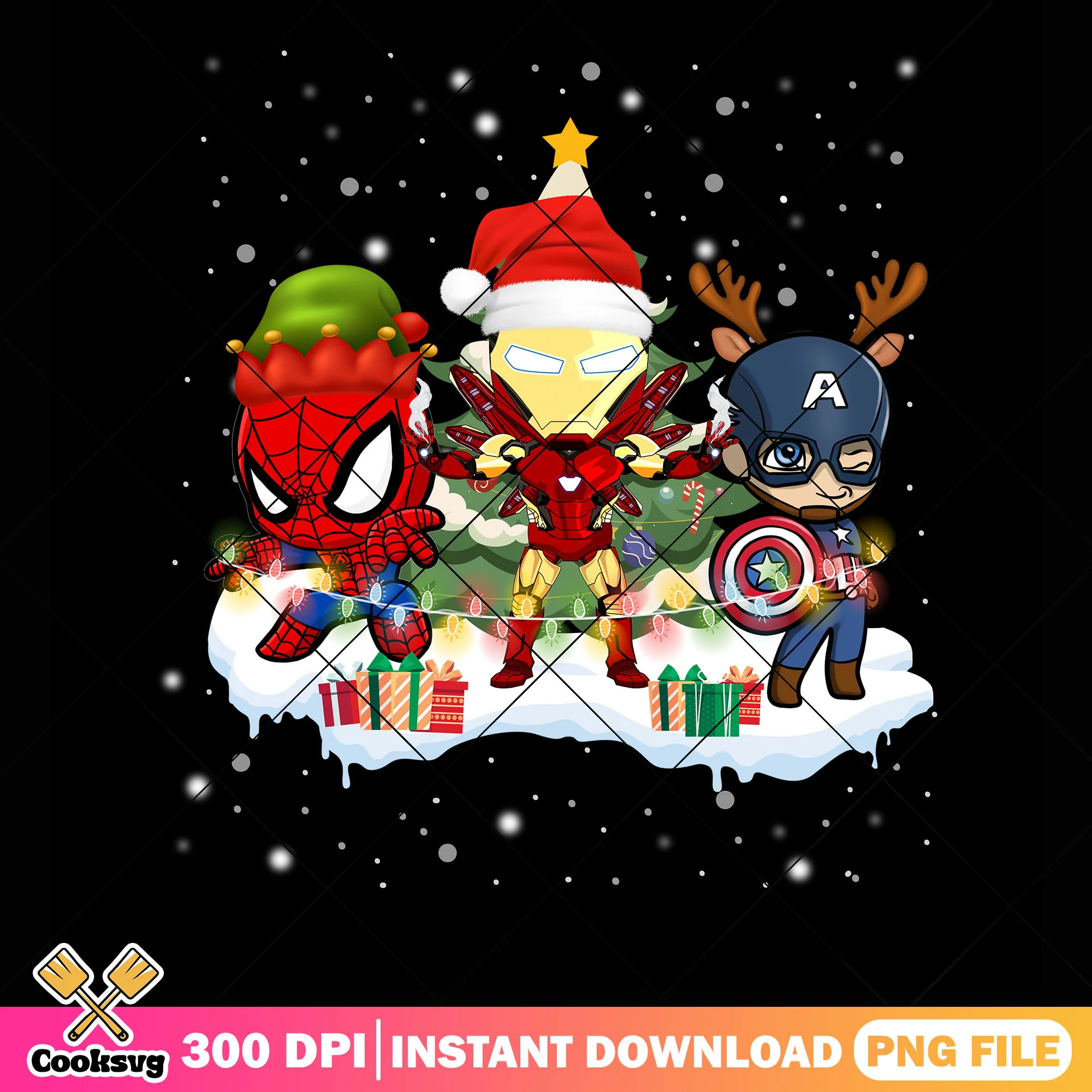 Chibi superheroes christmas png, baby superhero team png, kawai png