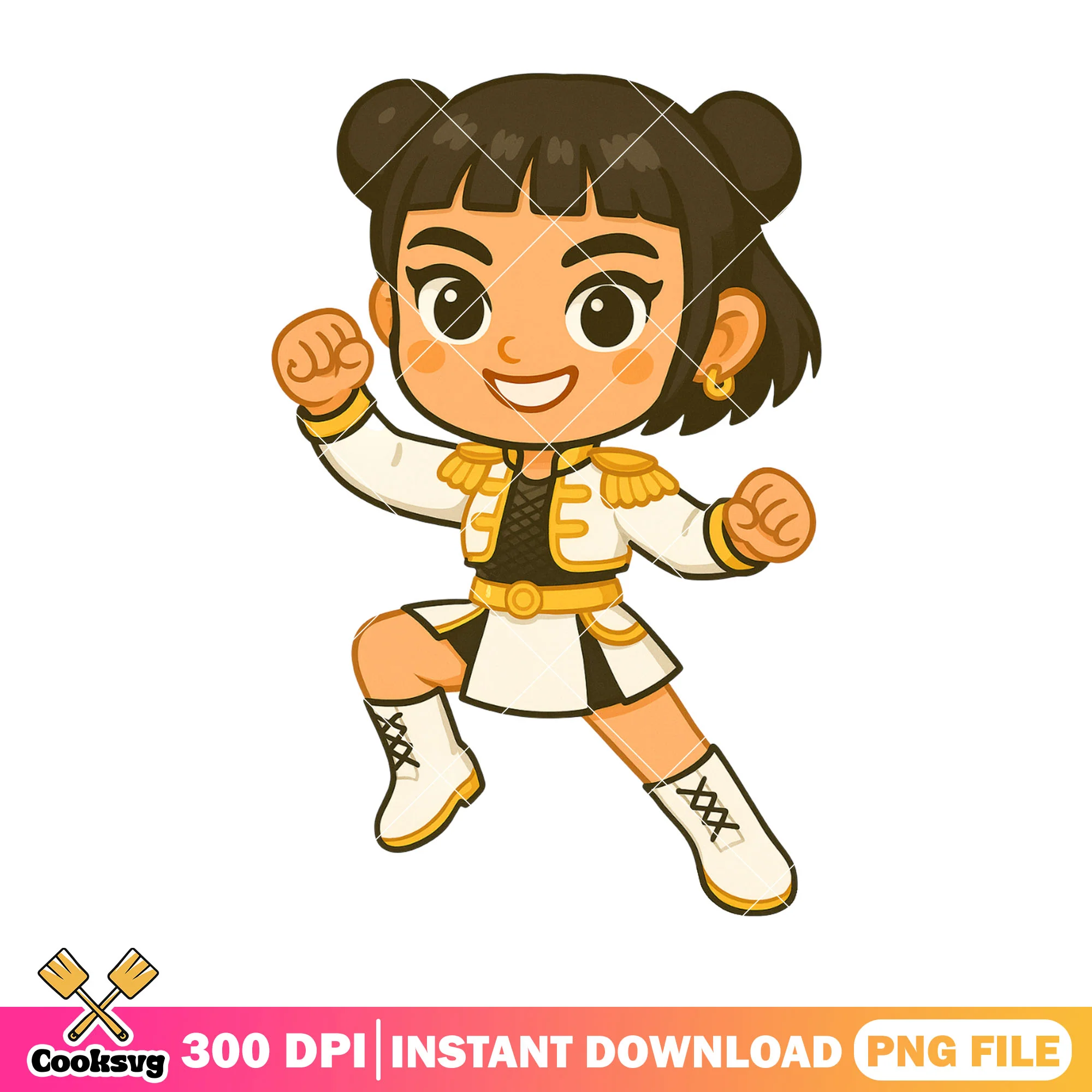 Chibi zoey golden fit celebrate png, rumi kpop png, huntrix girl png